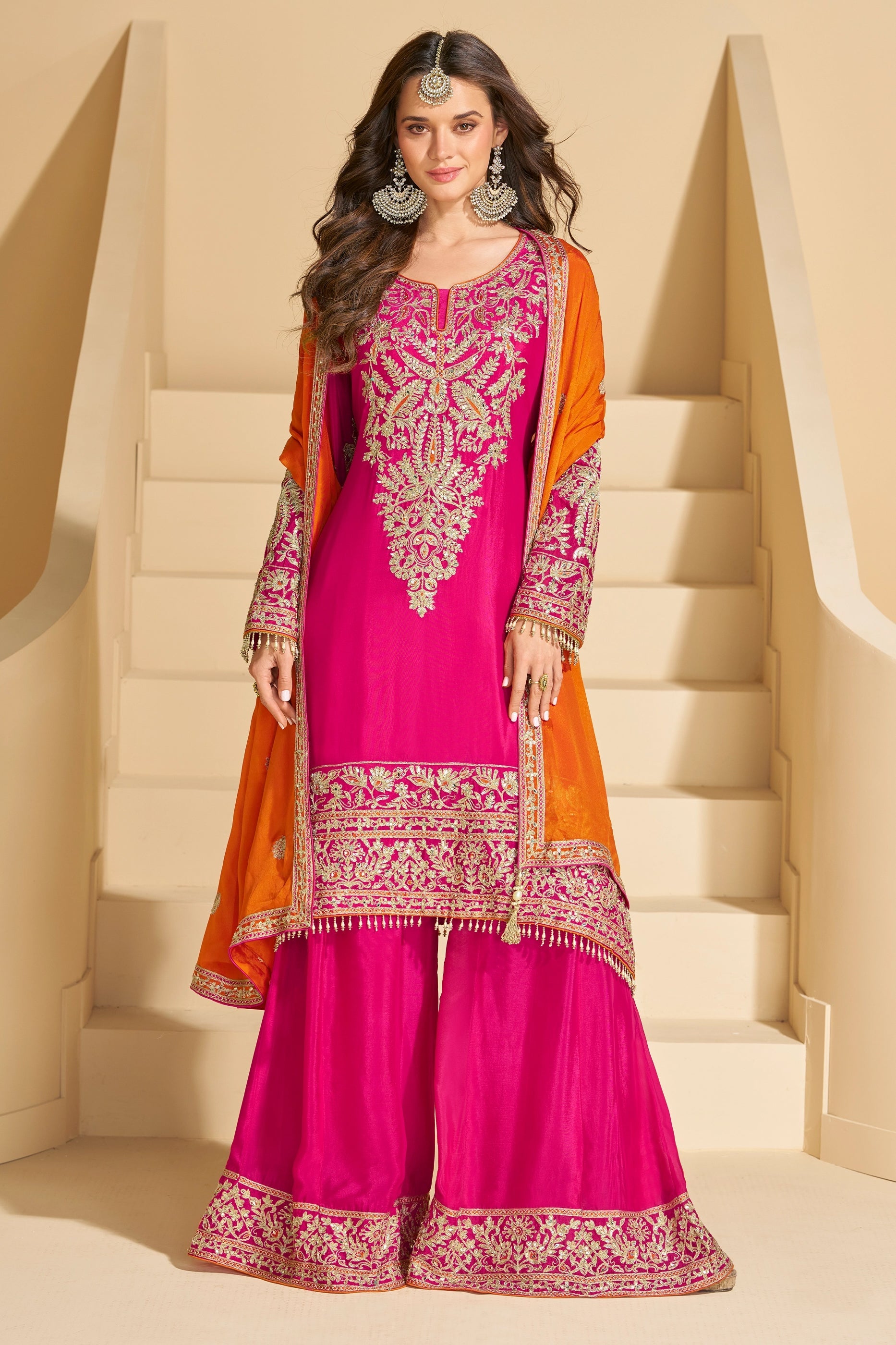 Pink Readymade Embroidered Chinnon Silk Suit-SAR10671_1_SareeButa.com