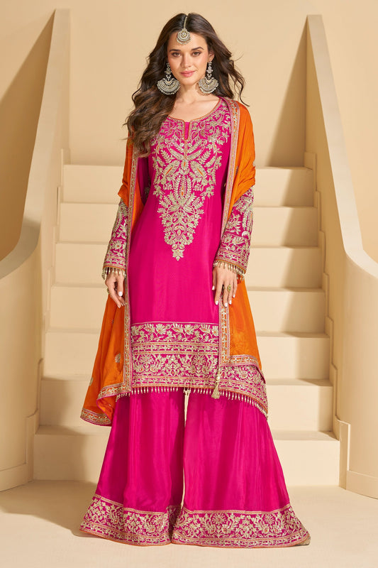 Pink Readymade Embroidered Chinnon Silk Suit-SAR10671_1_SareeButa.com