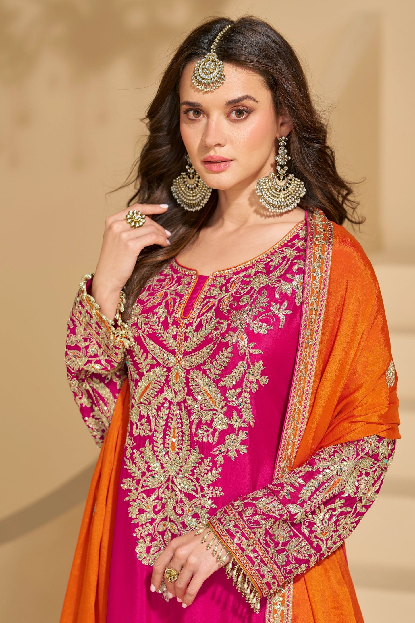 Pink Readymade Embroidered Chinnon Silk Suit-SAR10671_2_SareeButa.com