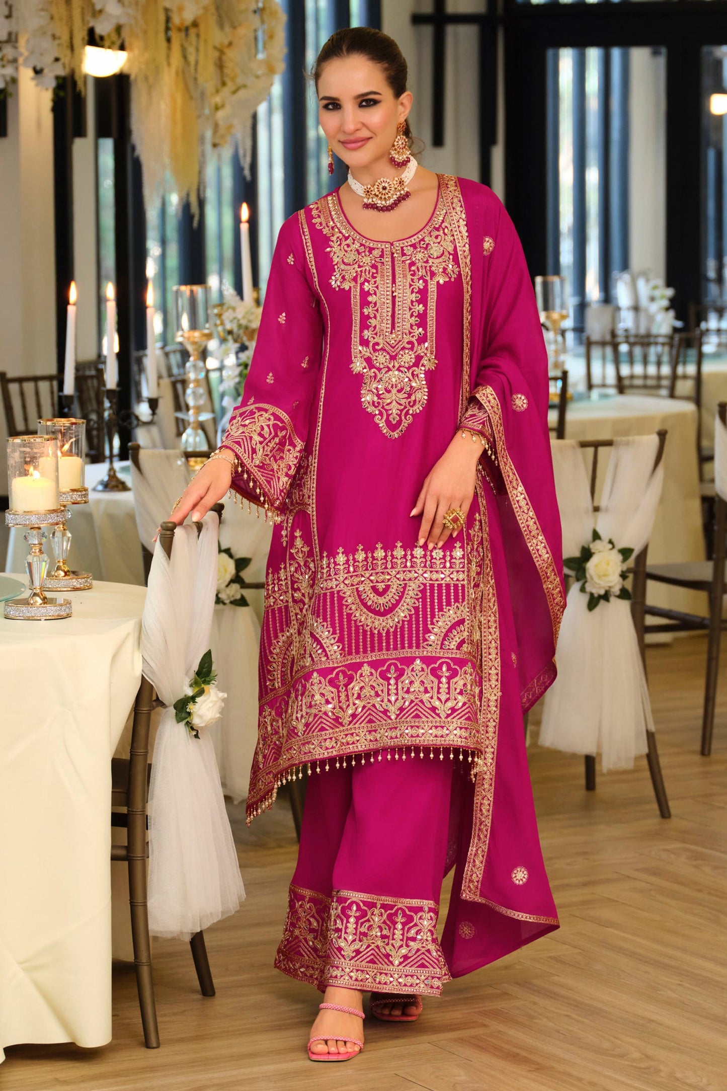 Pink Readymade Embroidered Chinon A-Line Suit-SAR11676_1_SareeButa.com