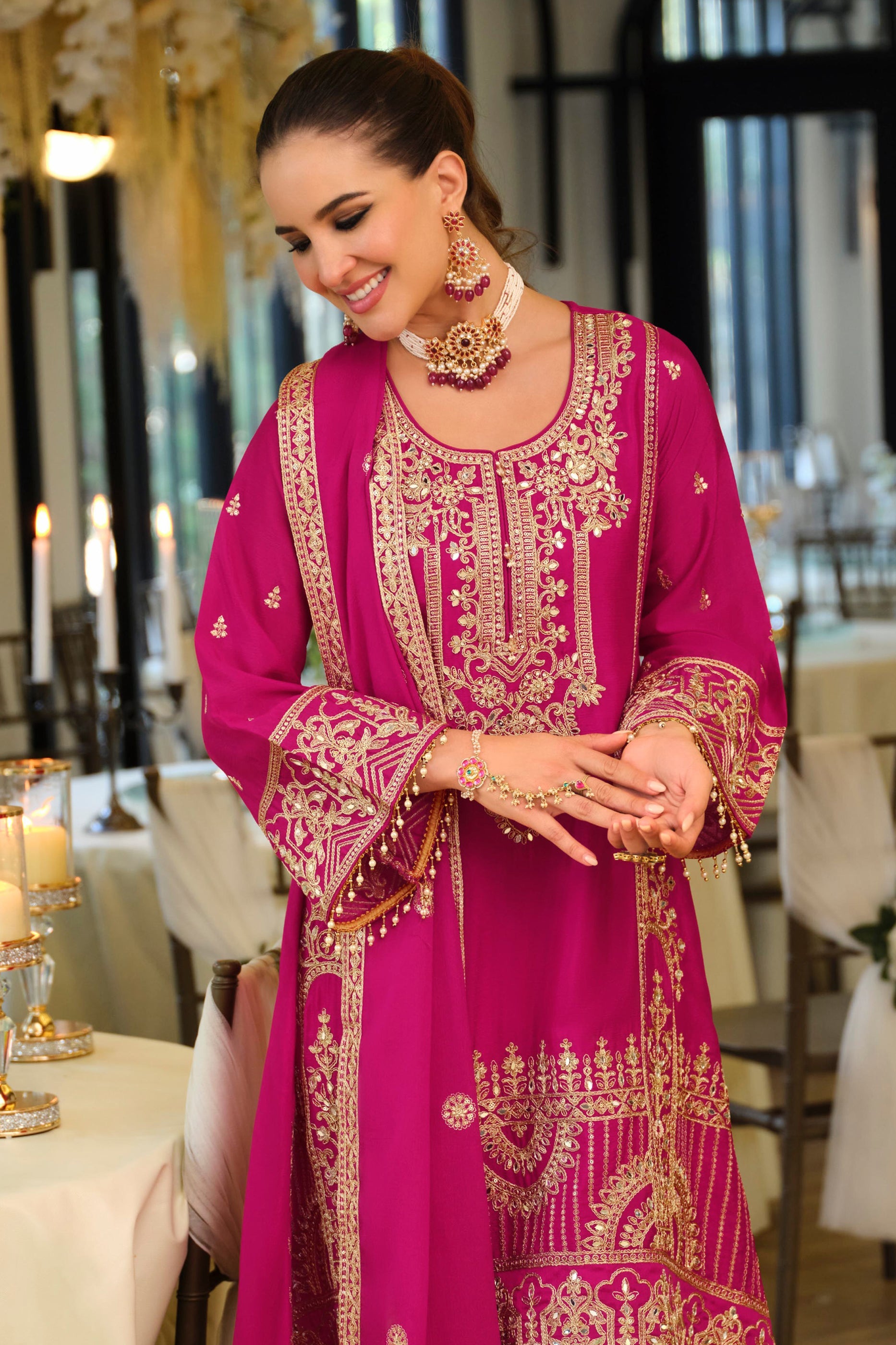 Pink Readymade Embroidered Chinon A-Line Suit-SAR11676_2_SareeButa.com