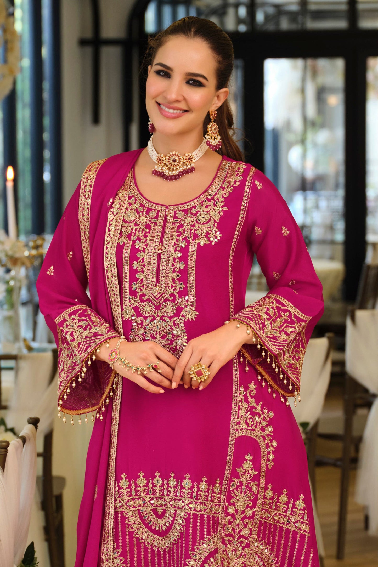 Pink Readymade Embroidered Chinon A-Line Suit-SAR11676_3_SareeButa.com