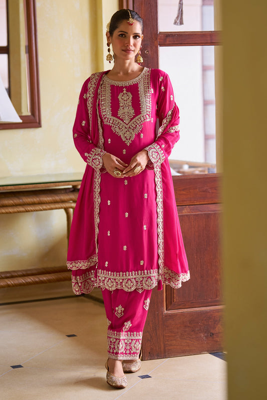 Pink Readymade Embroidered Chinon A-line Pant Suit-SAR11964_1_SareeButa.com