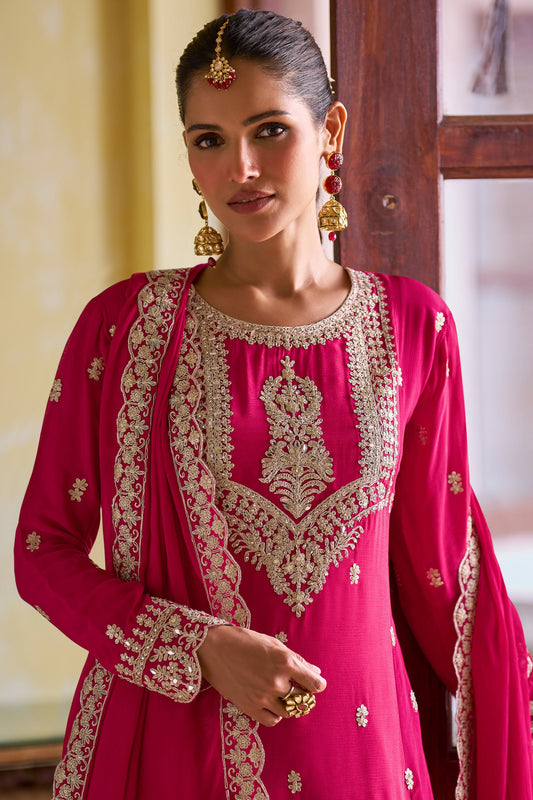 Pink Readymade Embroidered Chinon A-line Pant Suit-SAR11964_2_SareeButa.com