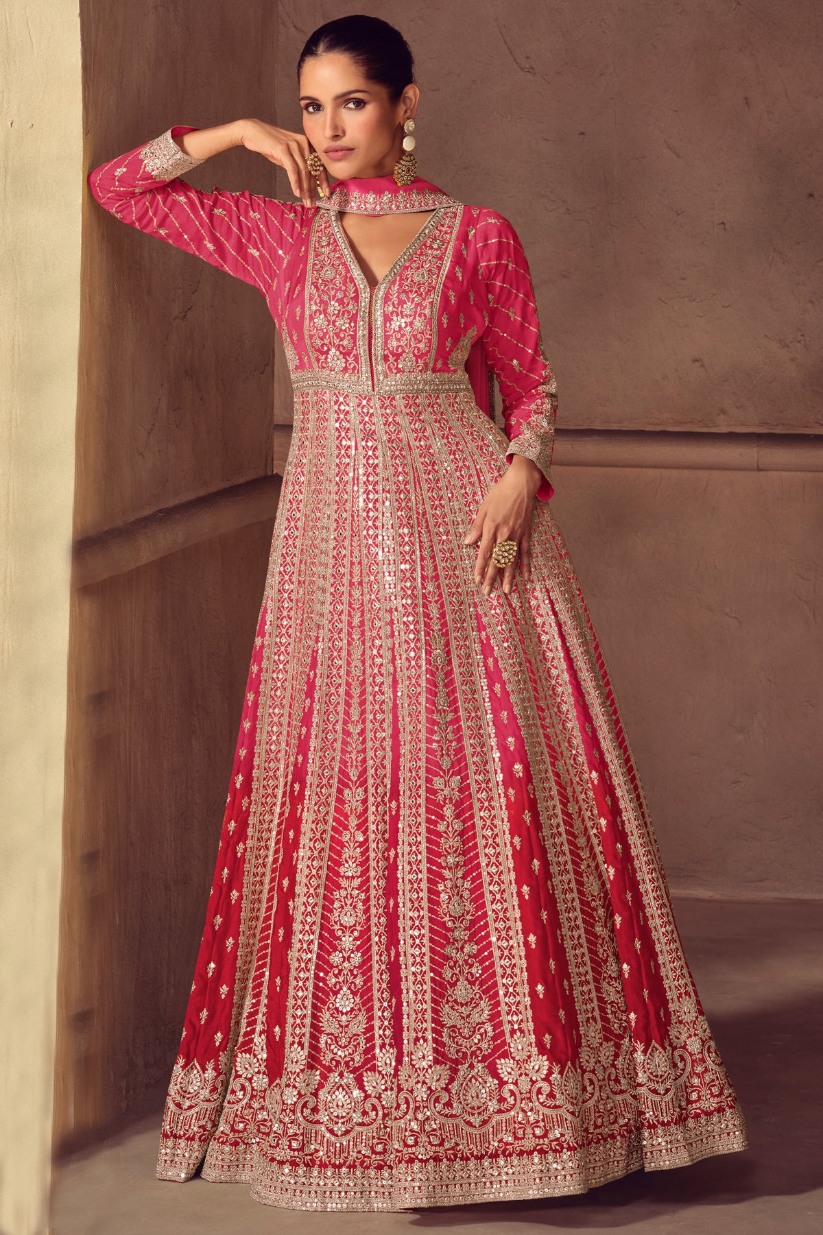 Pink Readymade Embroidered Chinon Gown with Dupatta-SAR13538_1_SareeButa.com