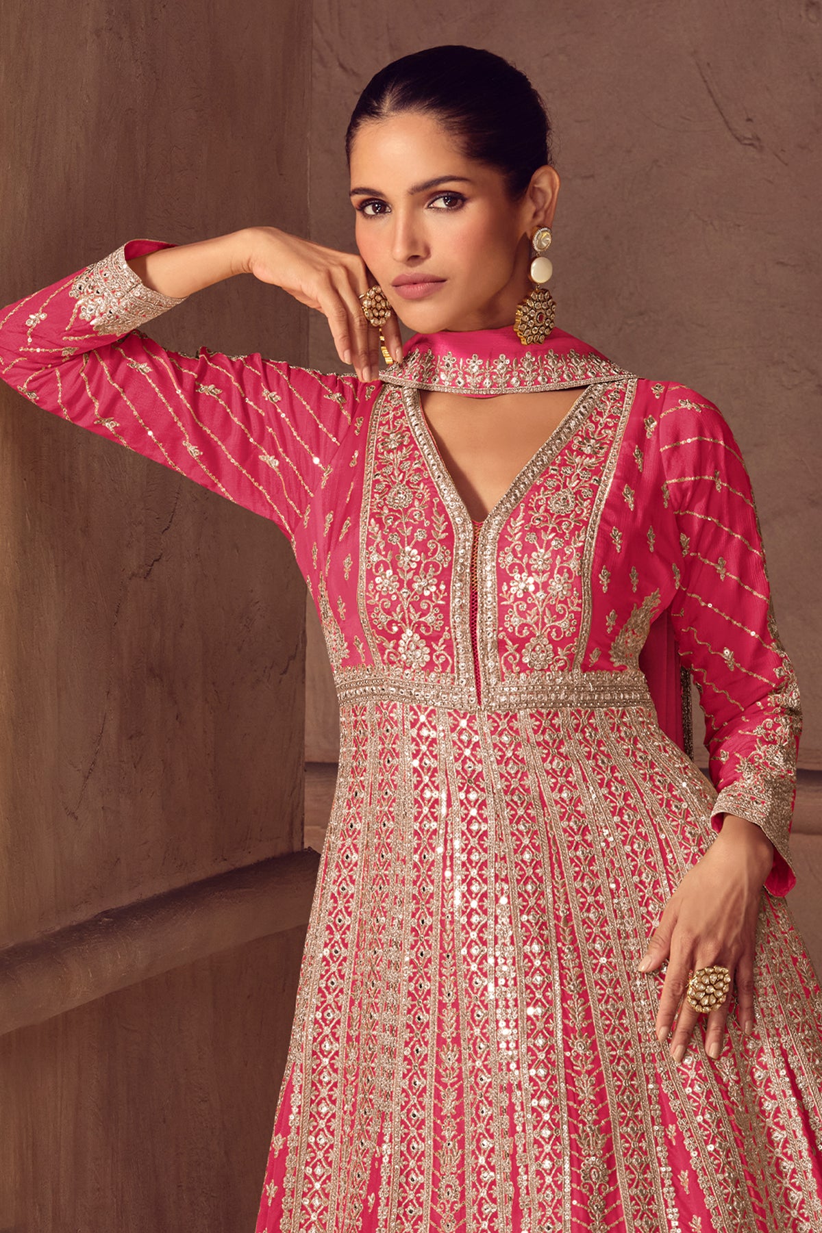 Pink Readymade Embroidered Chinon Gown with Dupatta-SAR13538_3_SareeButa.com