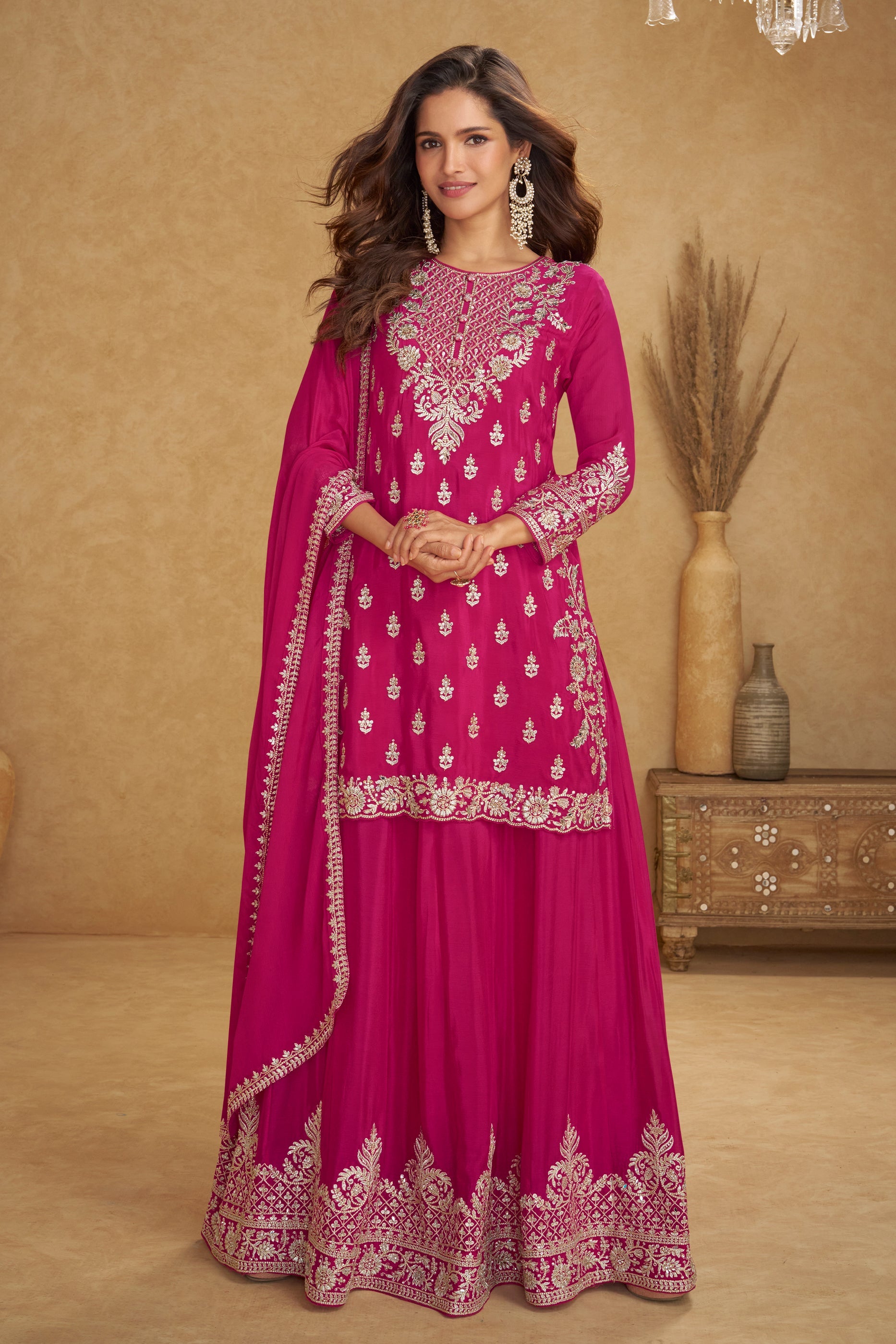 Pink Readymade Embroidered Chinon Palazzo Suit-SAR11522_1_SareeButa.com