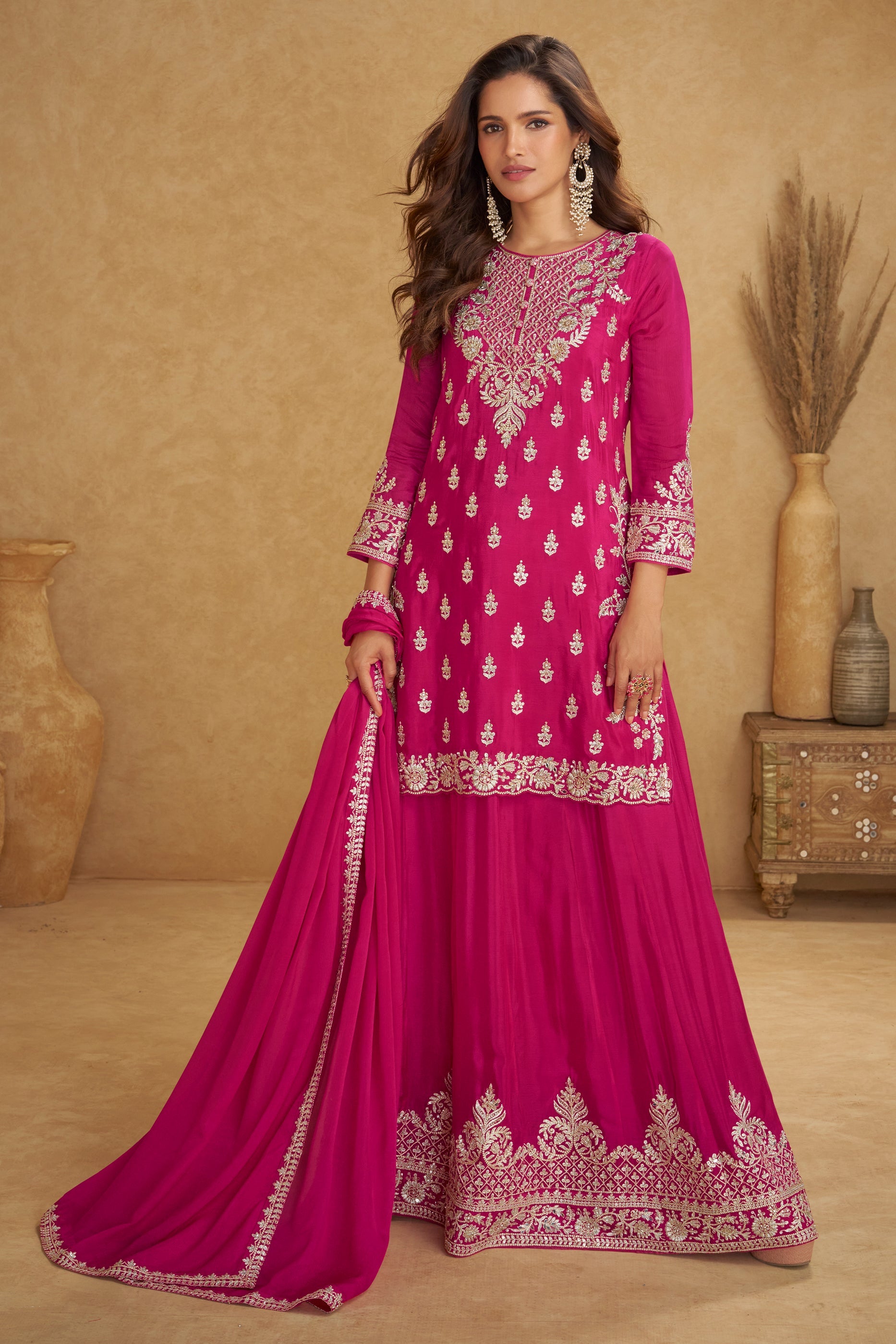 Pink Readymade Embroidered Chinon Palazzo Suit-SAR11522_4_SareeButa.com