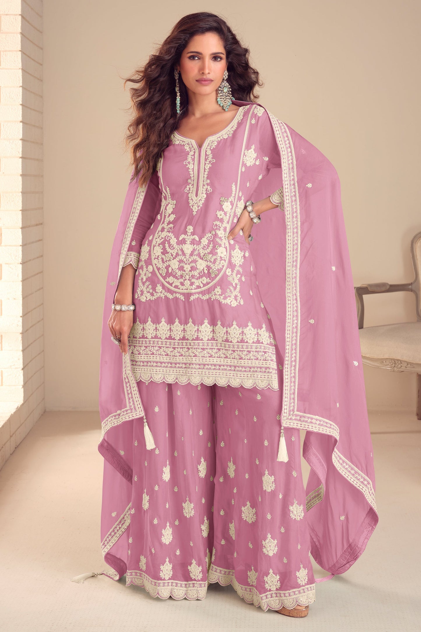 Pink Readymade Embroidered Chinon Palazzo Suit-SAR11565_1_SareeButa.com