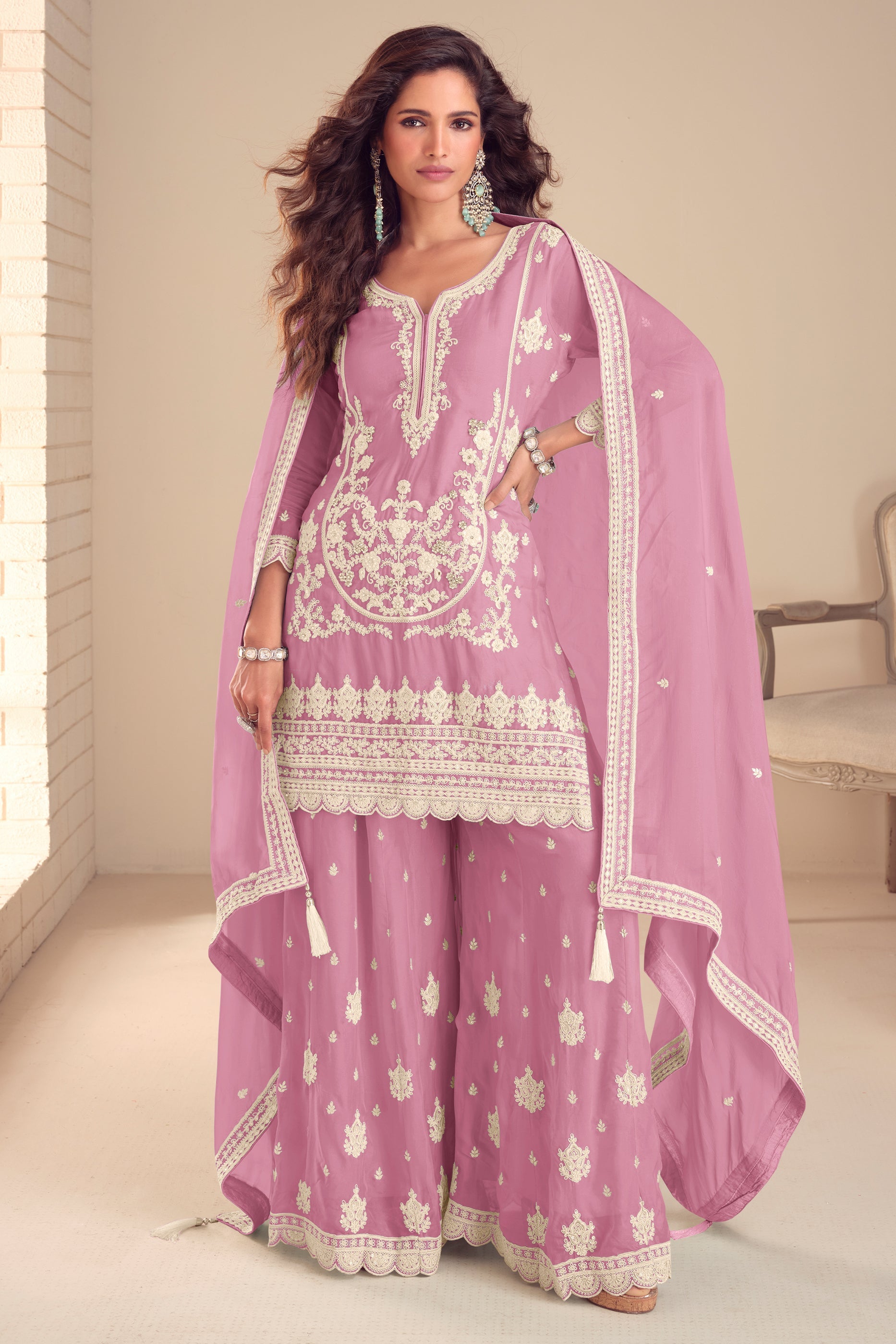 Pink Readymade Embroidered Chinon Palazzo Suit-SAR11565_1_SareeButa.com