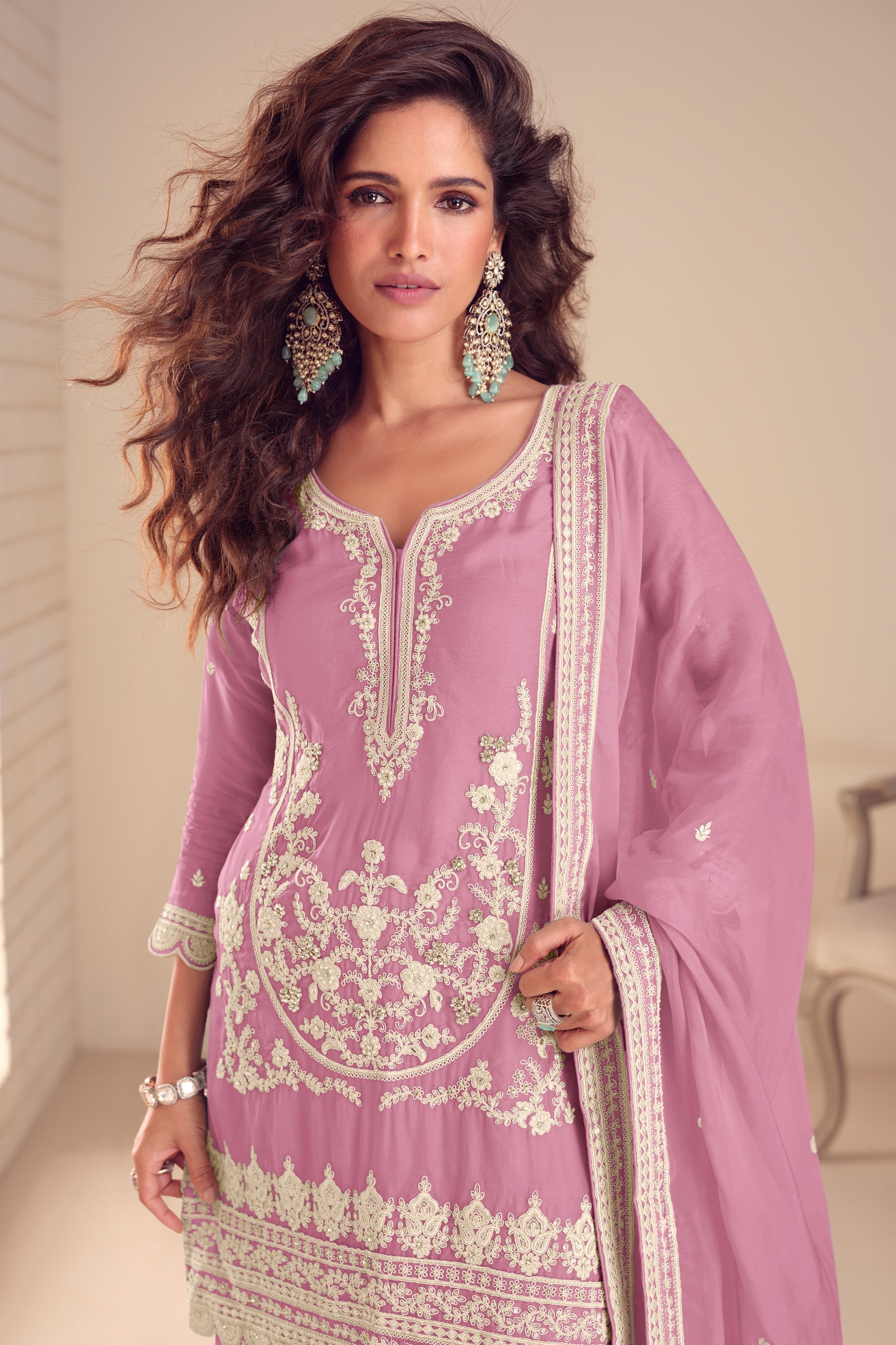 Pink Readymade Embroidered Chinon Palazzo Suit-SAR11565_2_SareeButa.com