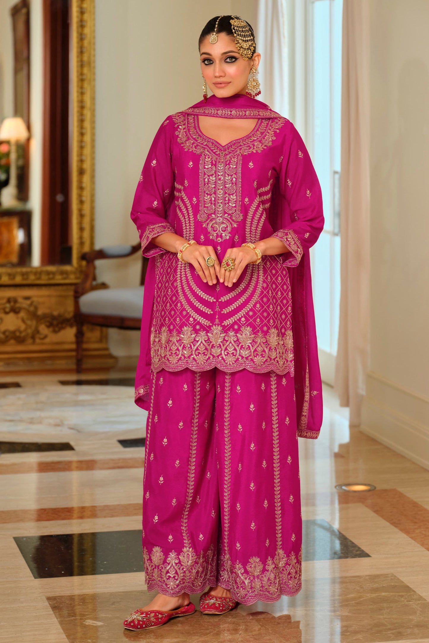 Pink Readymade Embroidered Chinon Palazzo Suit-SAR11990_1_SareeButa.com