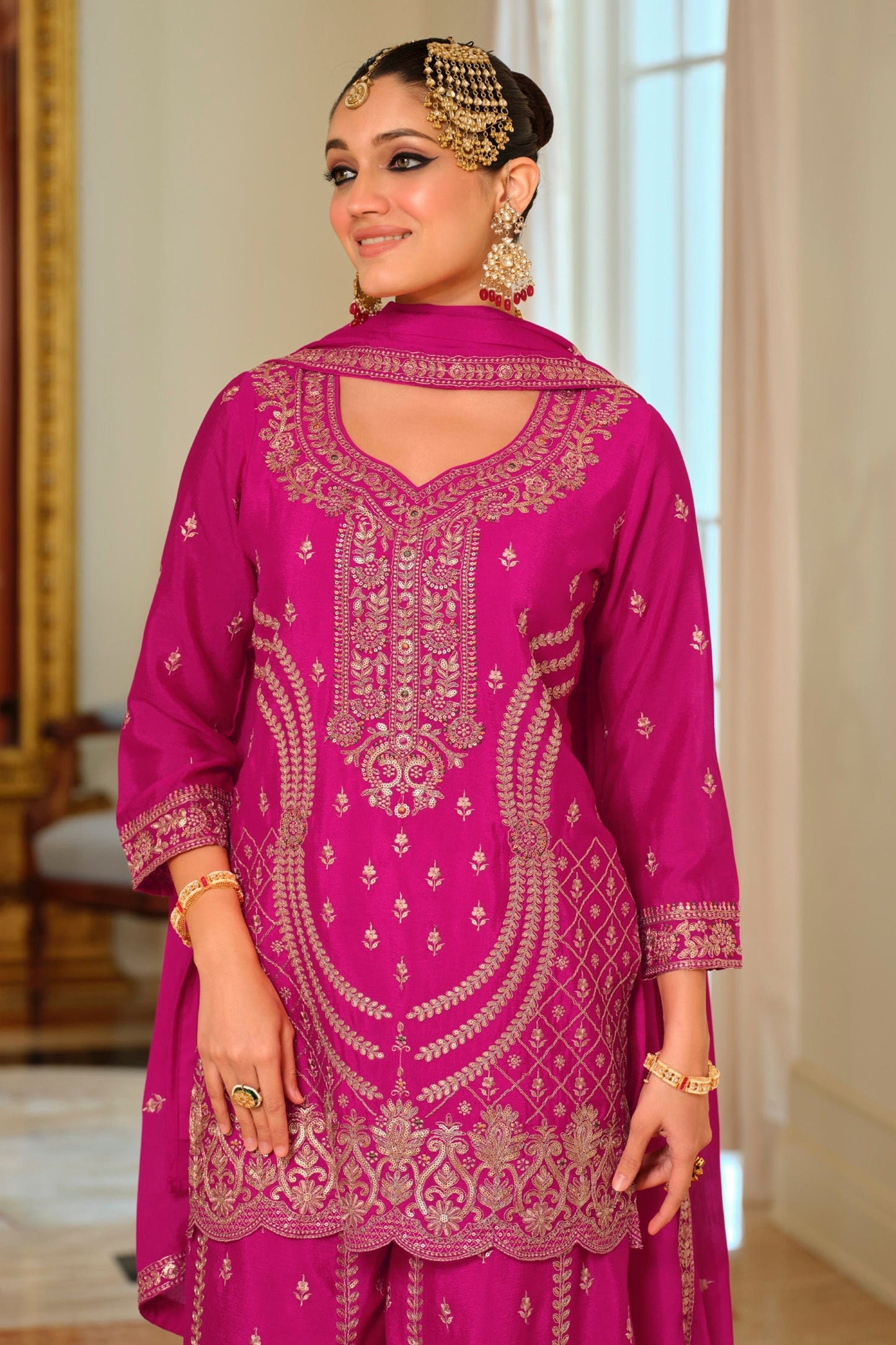 Pink Readymade Embroidered Chinon Palazzo Suit-SAR11990_2_SareeButa.com