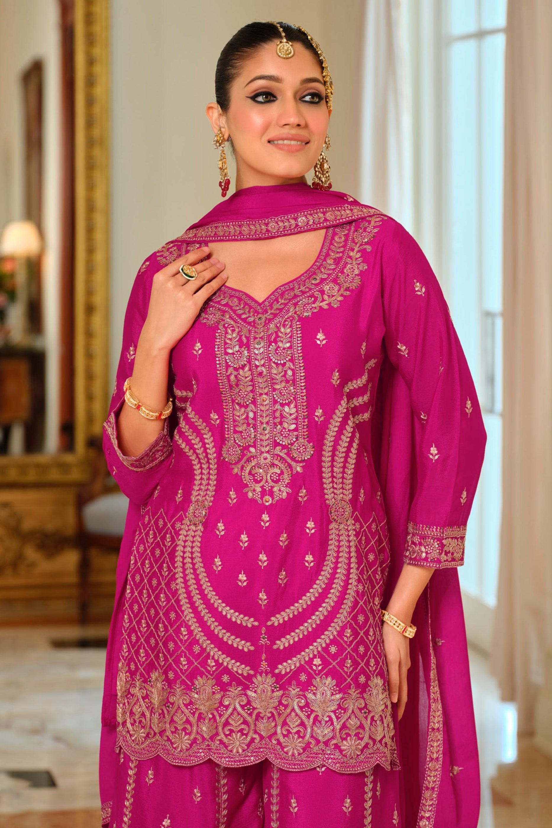 Pink Readymade Embroidered Chinon Palazzo Suit-SAR11990_3_SareeButa.com