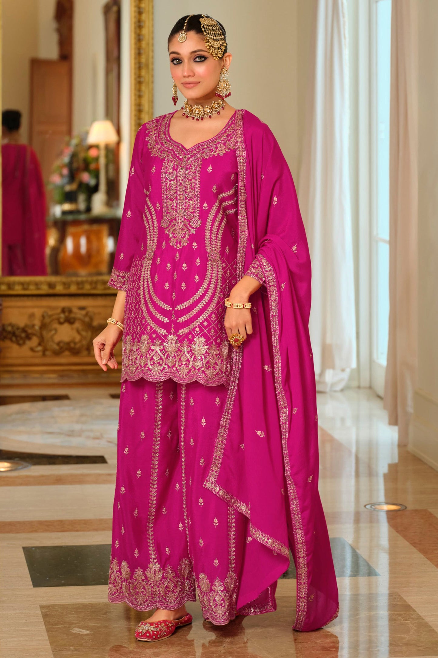 Pink Readymade Embroidered Chinon Palazzo Suit-SAR11990_4_SareeButa.com