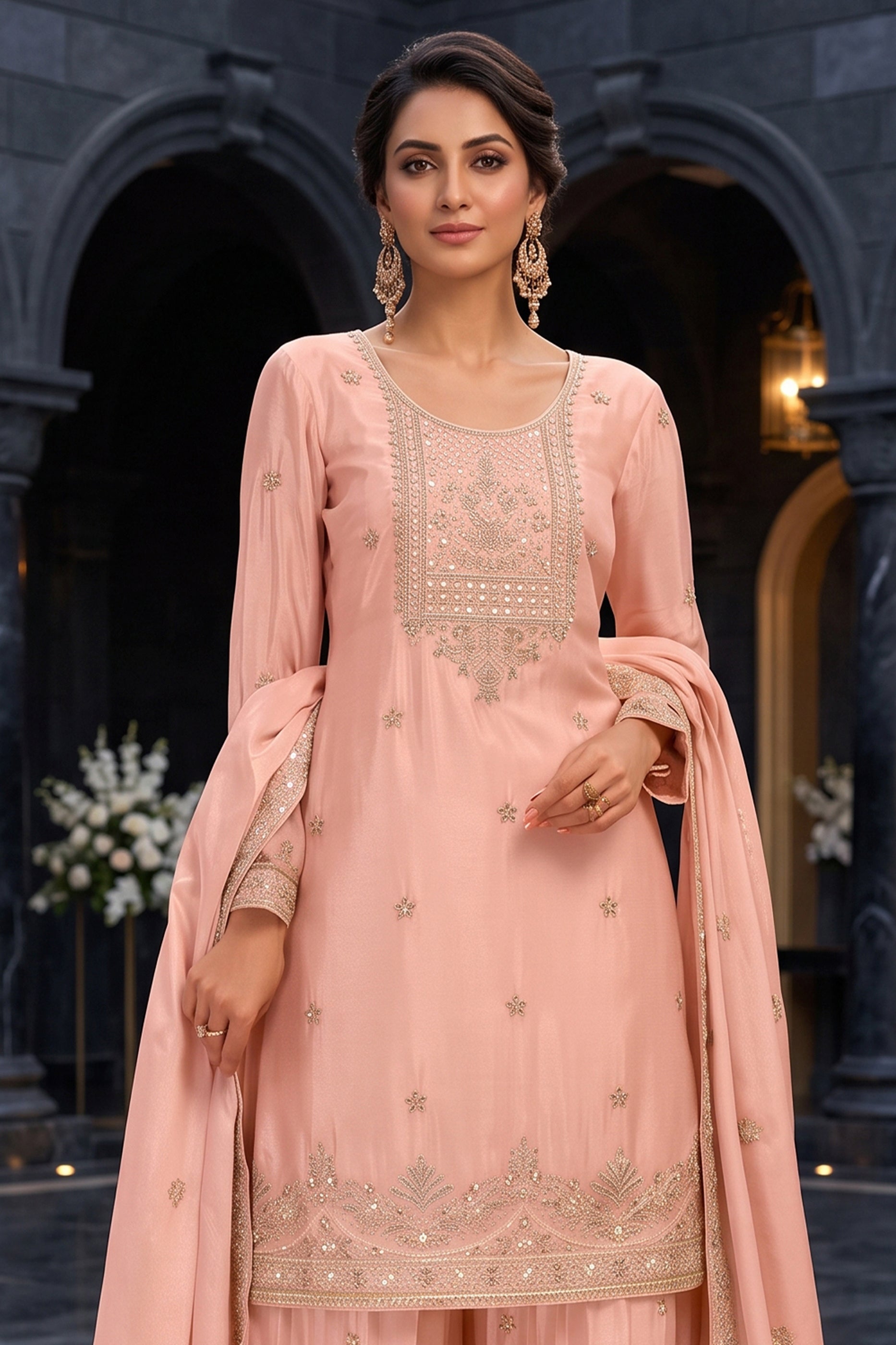 Pink Readymade Embroidered Chinon Palazzo Suit-SAR13140_4_SareeButa.com