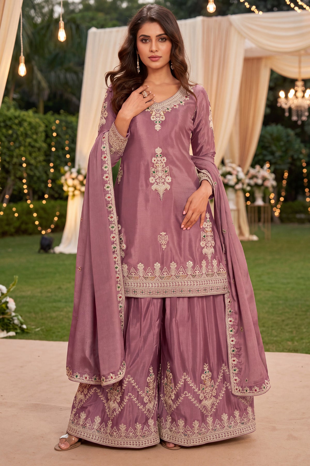 Pink Readymade Embroidered Chinon Palazzo Suit-SAR13353_1_SareeButa.com