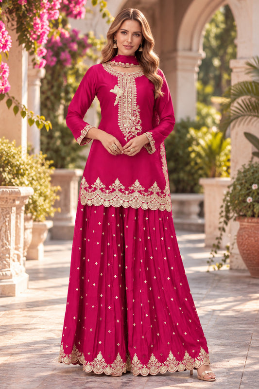 Pink Readymade Embroidered Chinon Palazzo Suit-SAR13557_1_SareeButa.com