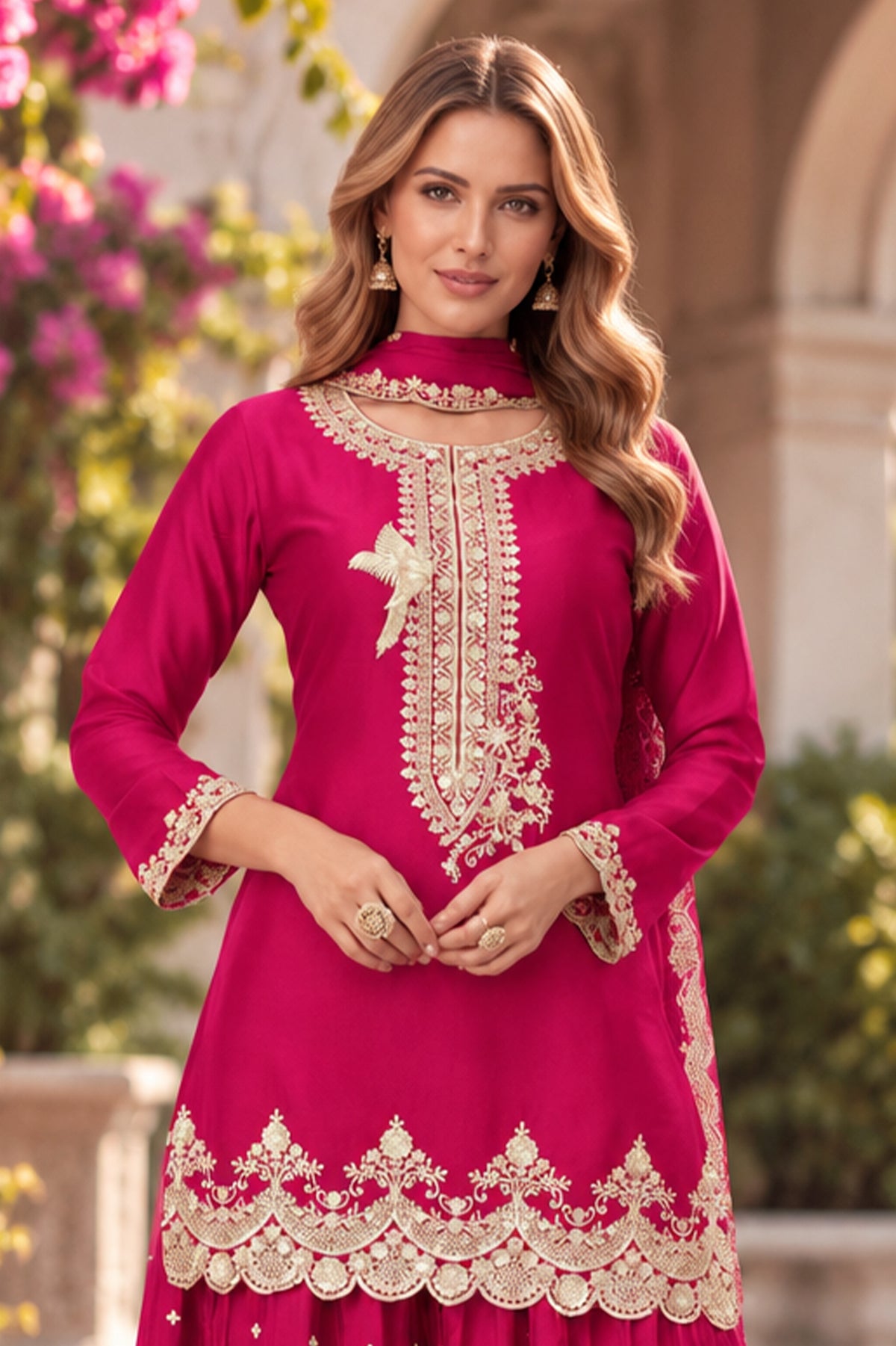 Pink Readymade Embroidered Chinon Palazzo Suit-SAR13557_3_SareeButa.com