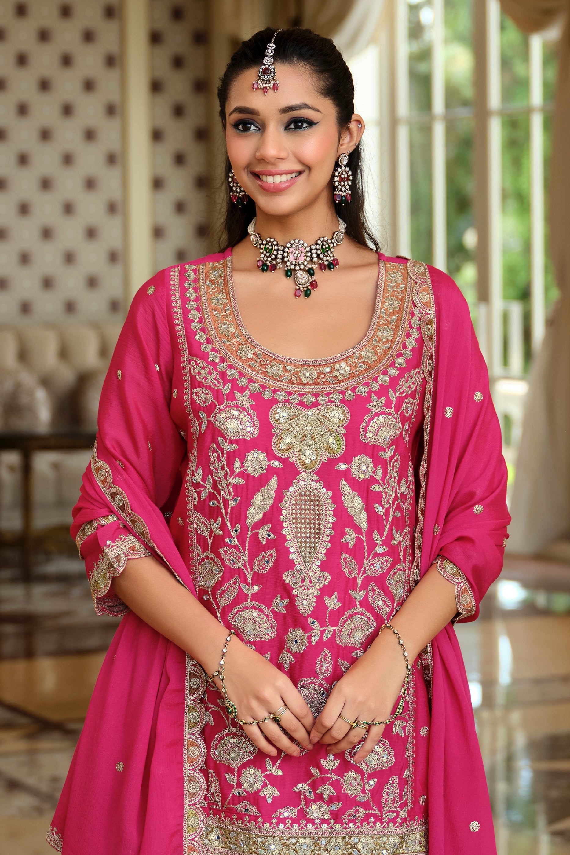 Pink Readymade Embroidered Chinon Sharara Suit-SAR12053_2_SareeButa.com