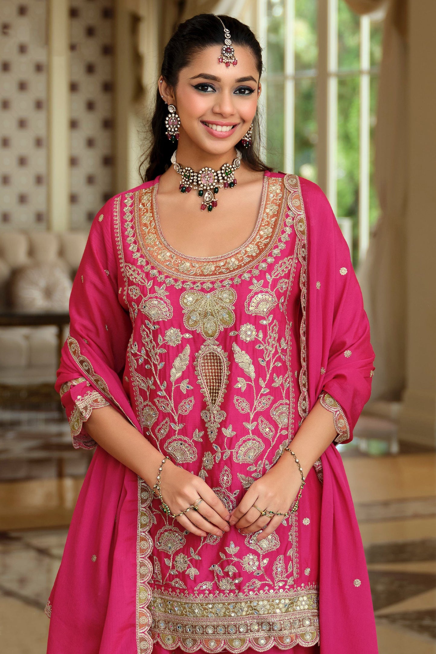 Pink Readymade Embroidered Chinon Sharara Suit-SAR12053_3_SareeButa.com