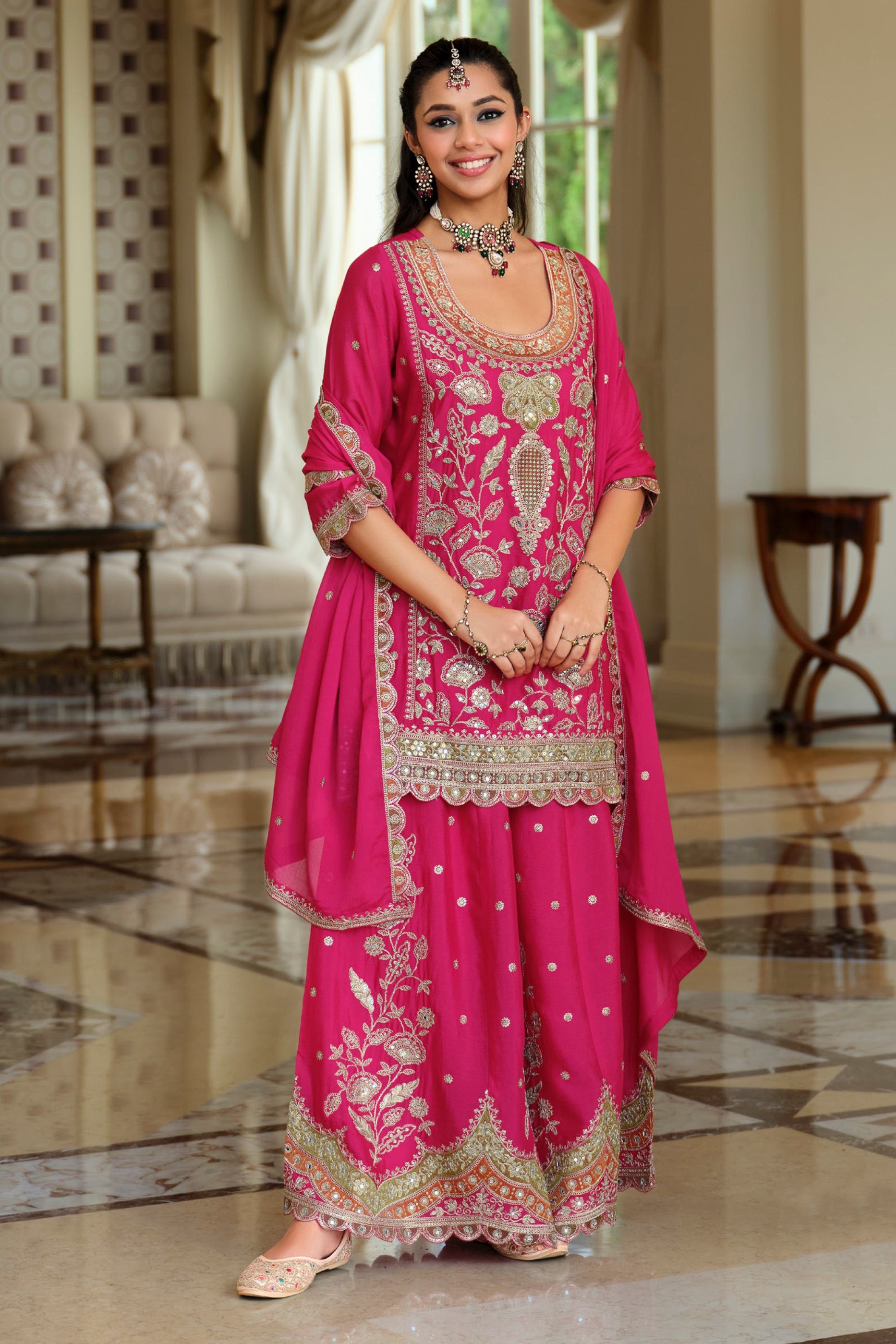 Pink Readymade Embroidered Chinon Sharara Suit-SAR12053_4_SareeButa.com