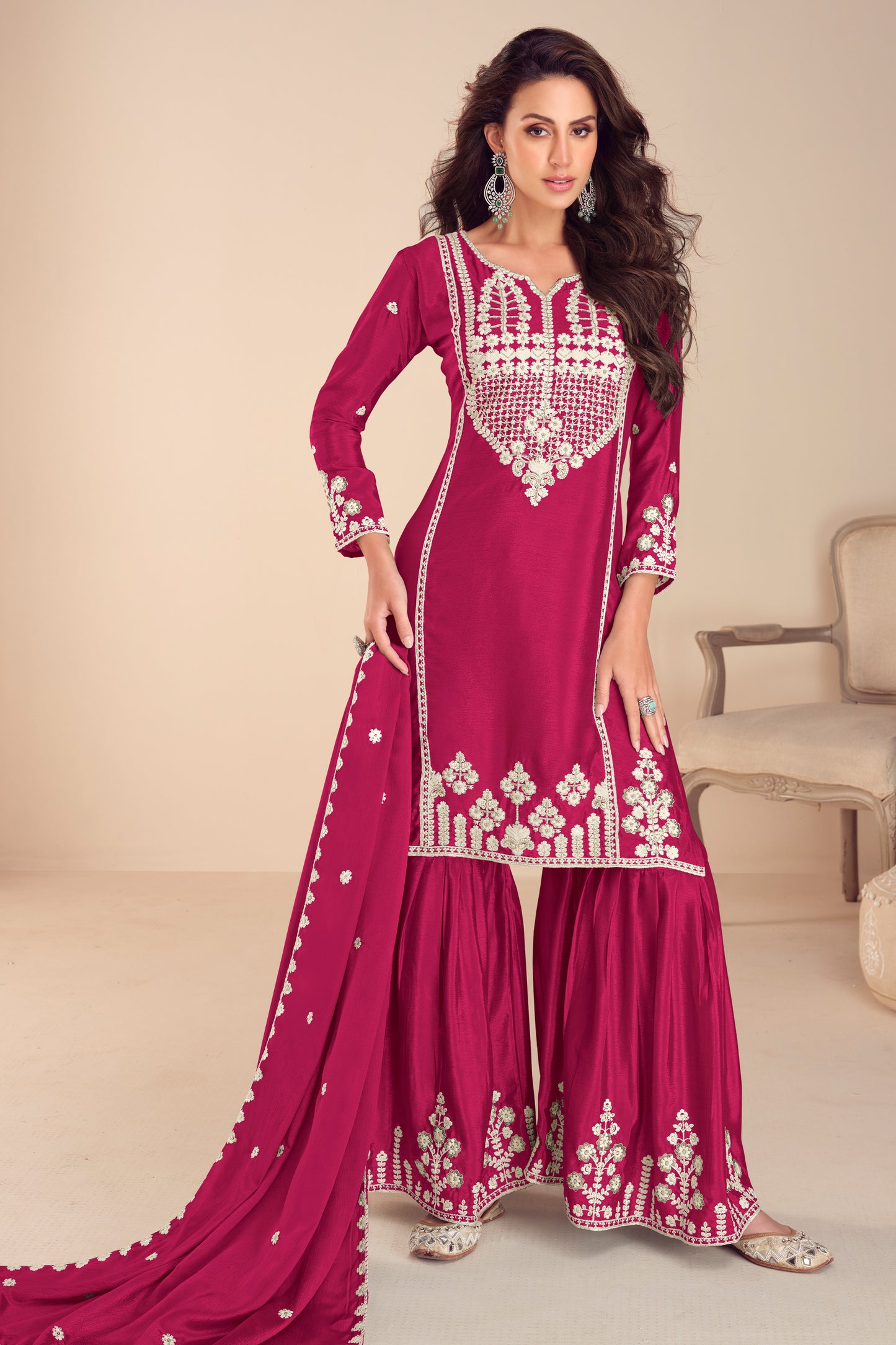 Pink Readymade Embroidered Chinon Sharara Suit-SAR12189_1_SareeButa.com