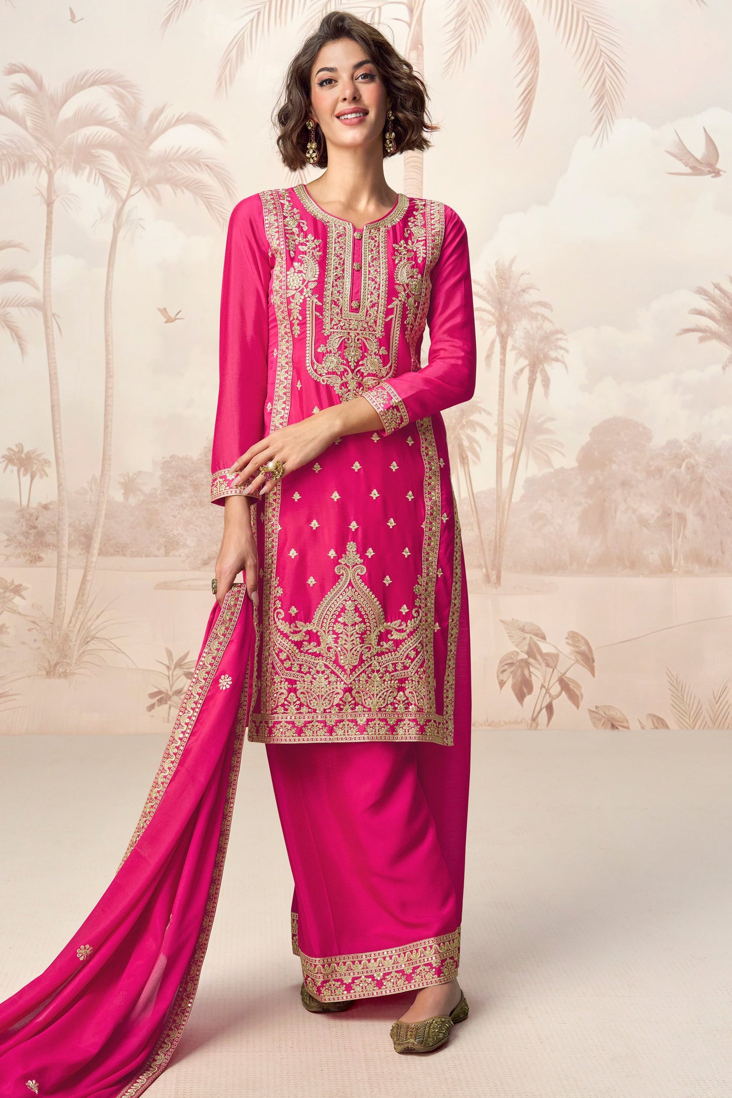 Pink Readymade Embroidered Chinon Silk Palazzo Suit-SS740_1_SareeButa.com