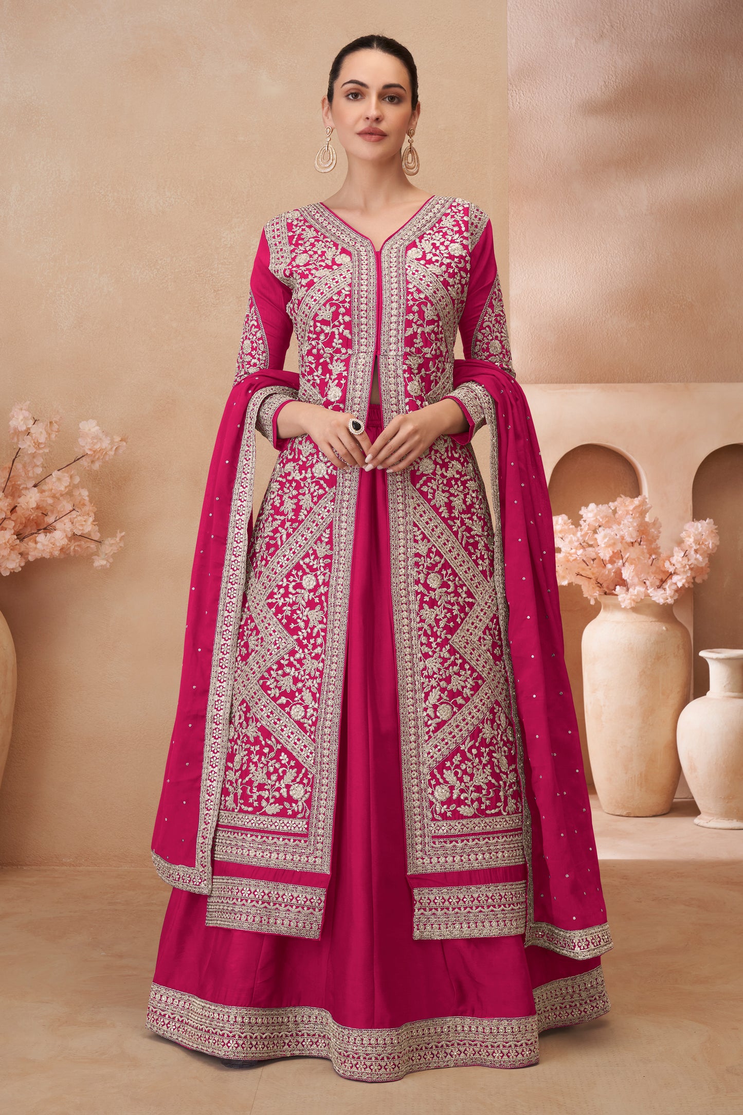 Pink Readymade Embroidered Chinon Silk Skirt Suit-SAR12182_1_SareeButa.com