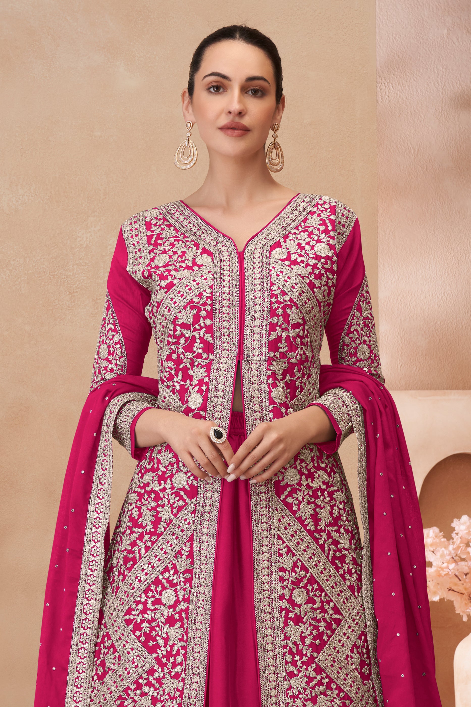 Pink Readymade Embroidered Chinon Silk Skirt Suit-SAR12182_3_SareeButa.com