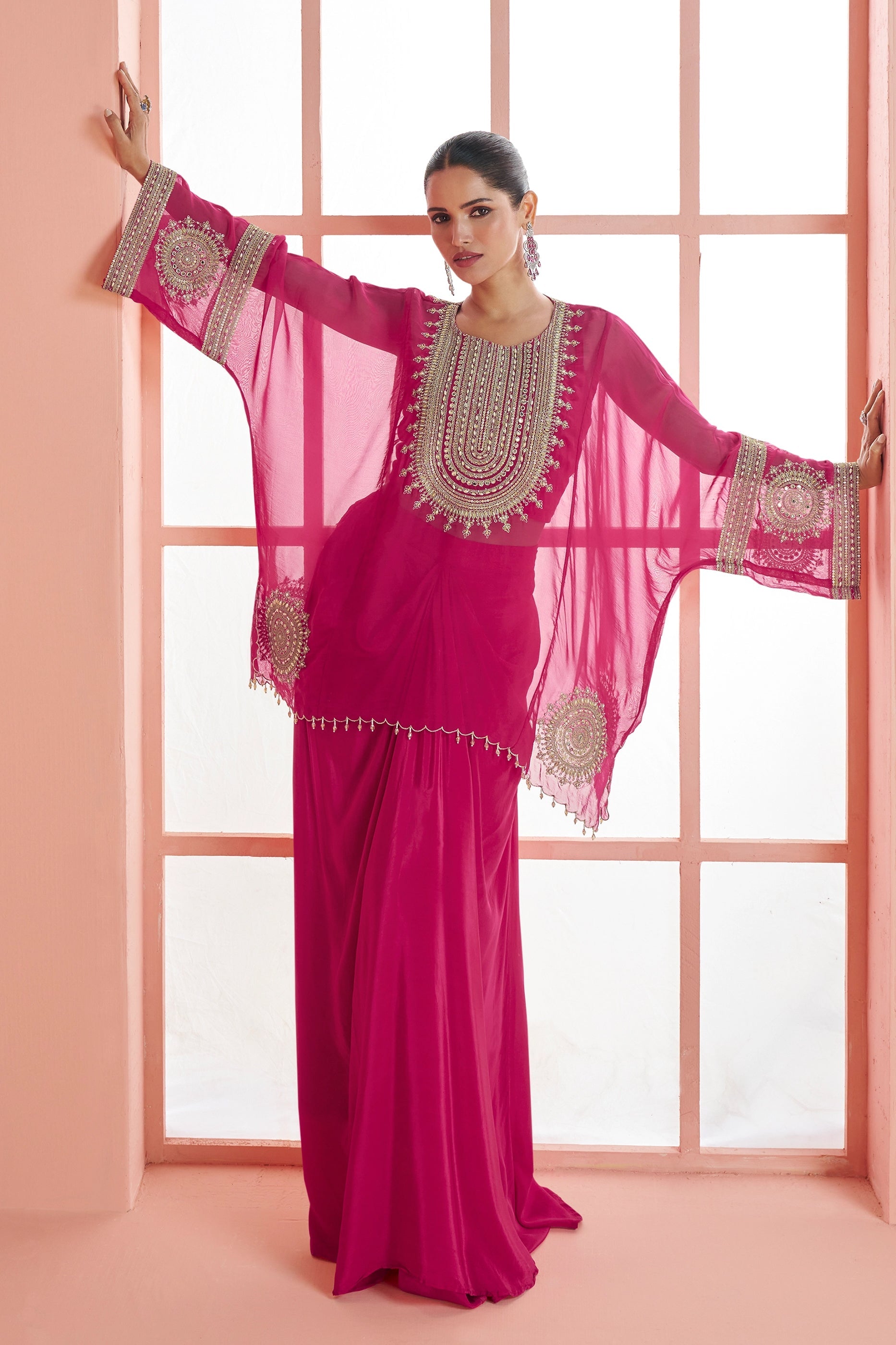 Pink Readymade Embroidered Chinon Skirt Set-SAR10929_1_SareeButa.com