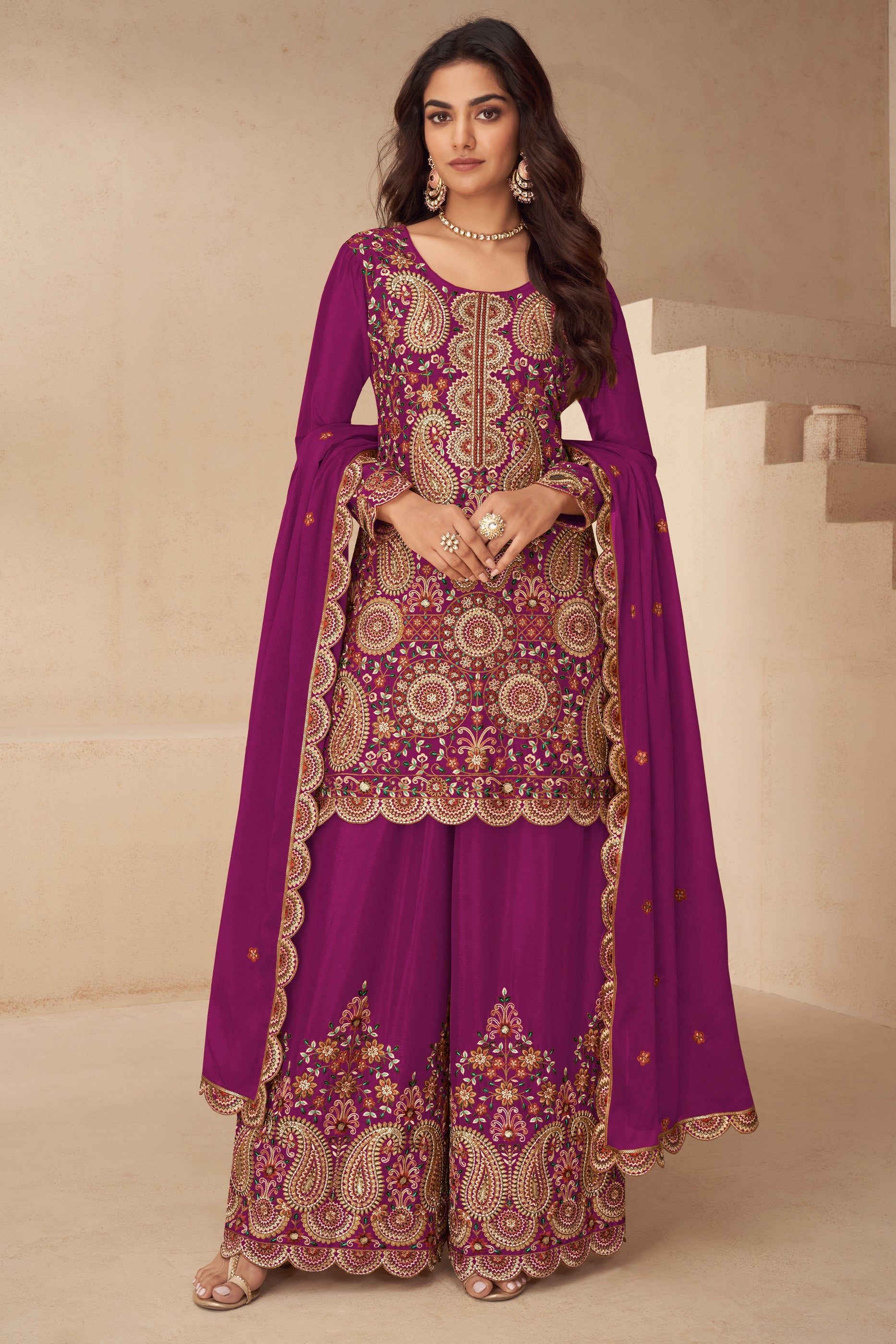 Pink Readymade Embroidered Chinon Suit-SAR10497_1_SareeButa.com
