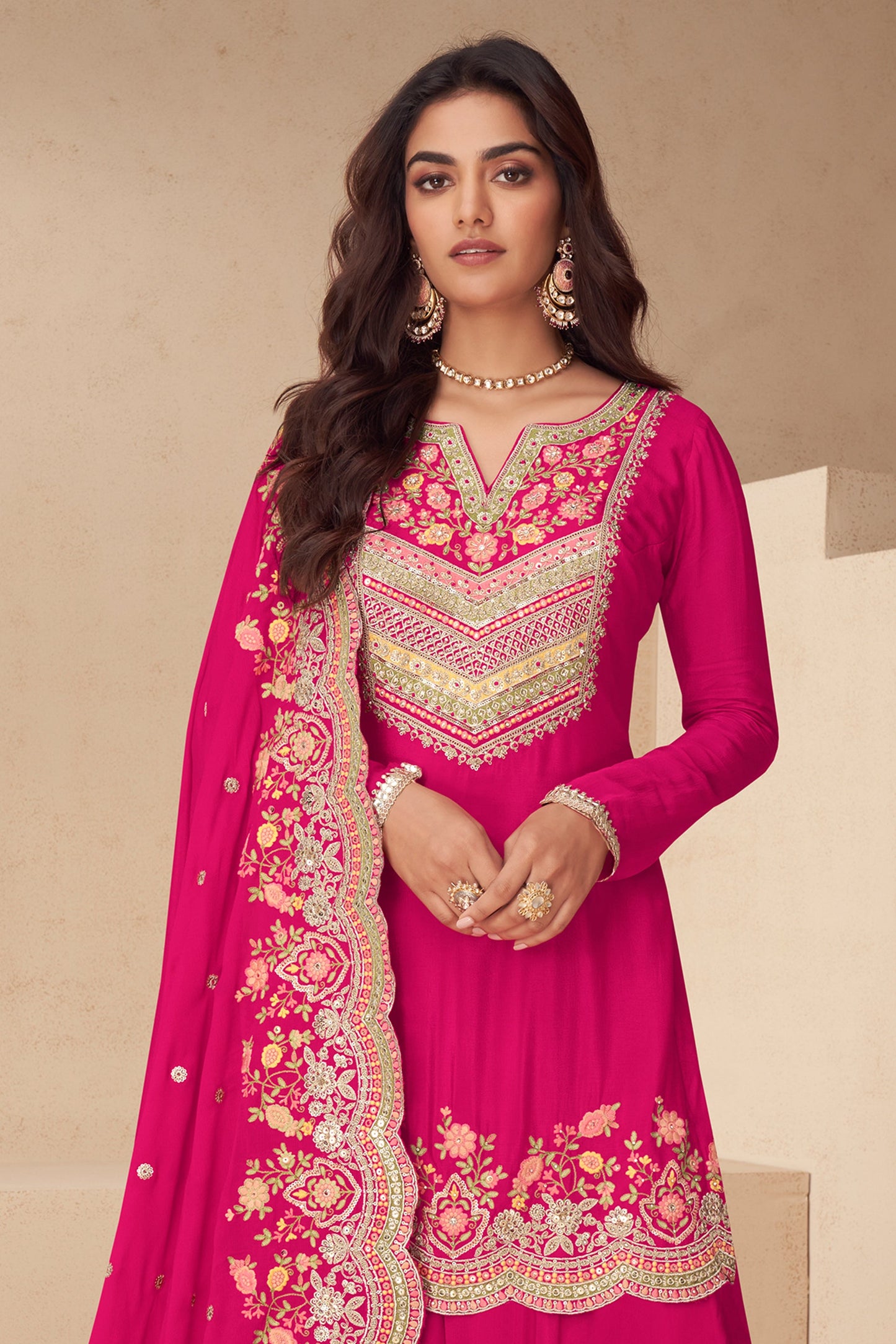 Pink Readymade Embroidered Chinon Suit-SAR12049_3_SareeButa.com