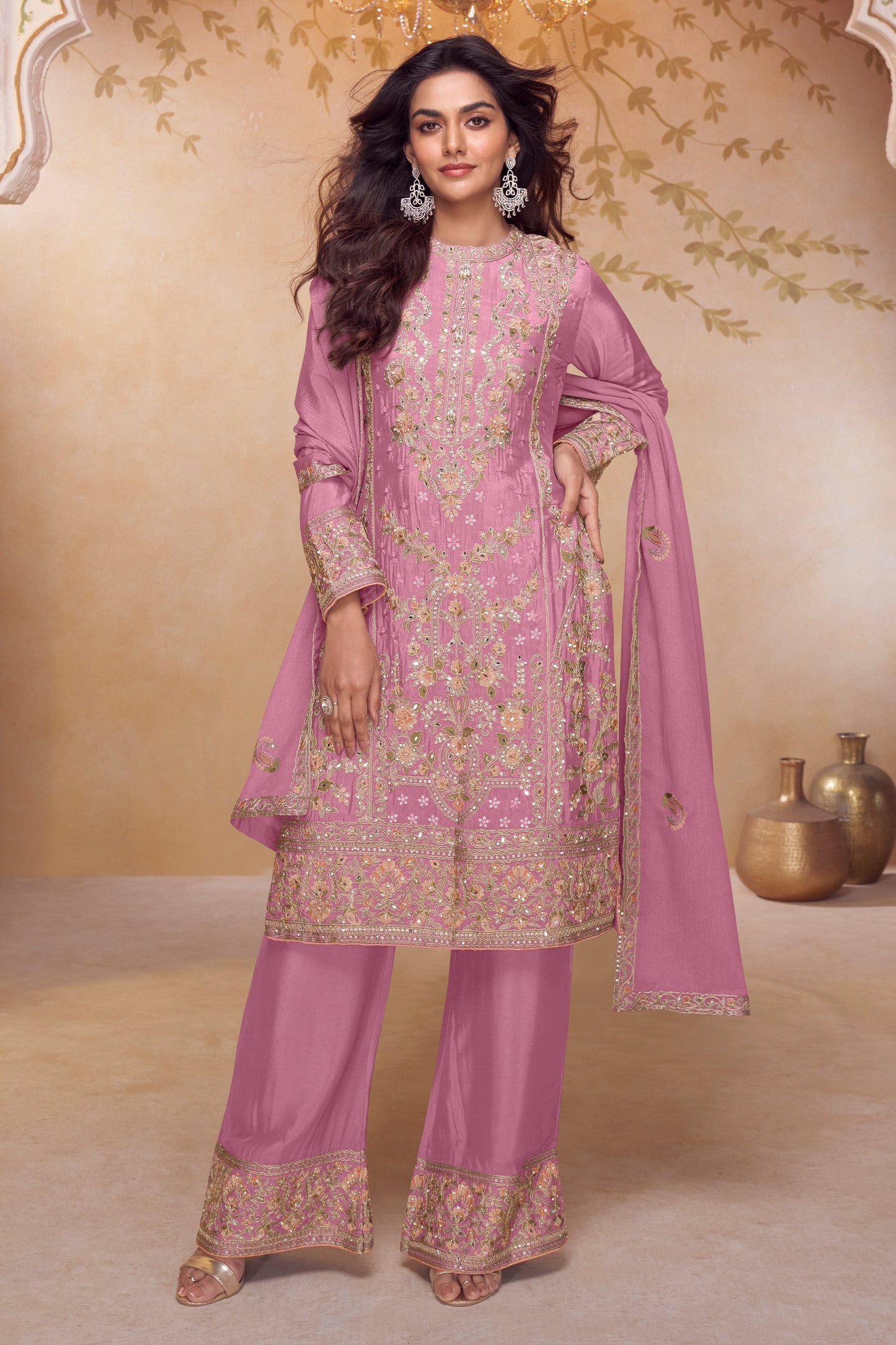 Pink Readymade Embroidered Chinon Suit-SAR12142_1_SareeButa.com