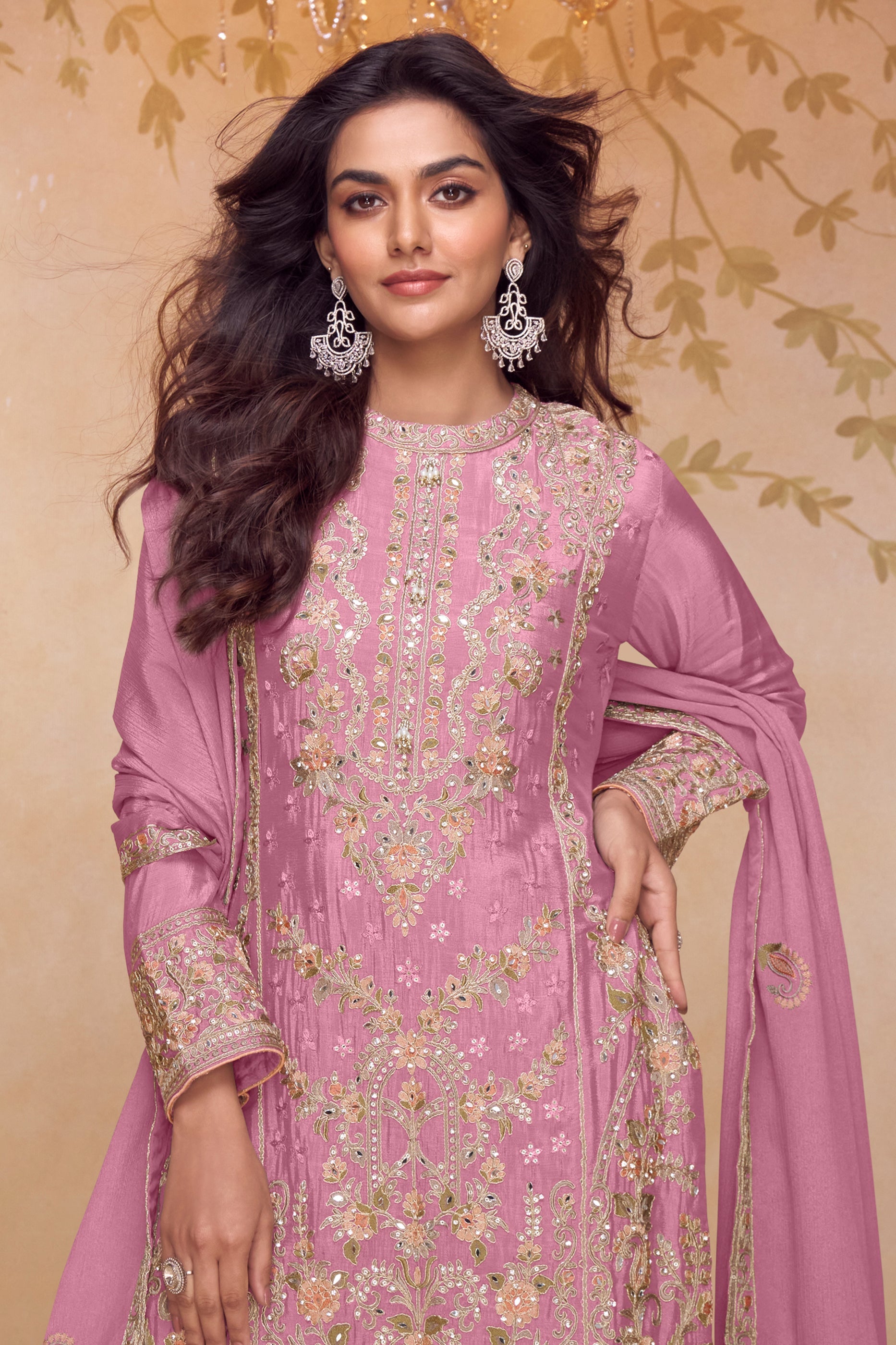 Pink Readymade Embroidered Chinon Suit-SAR12142_3_SareeButa.com