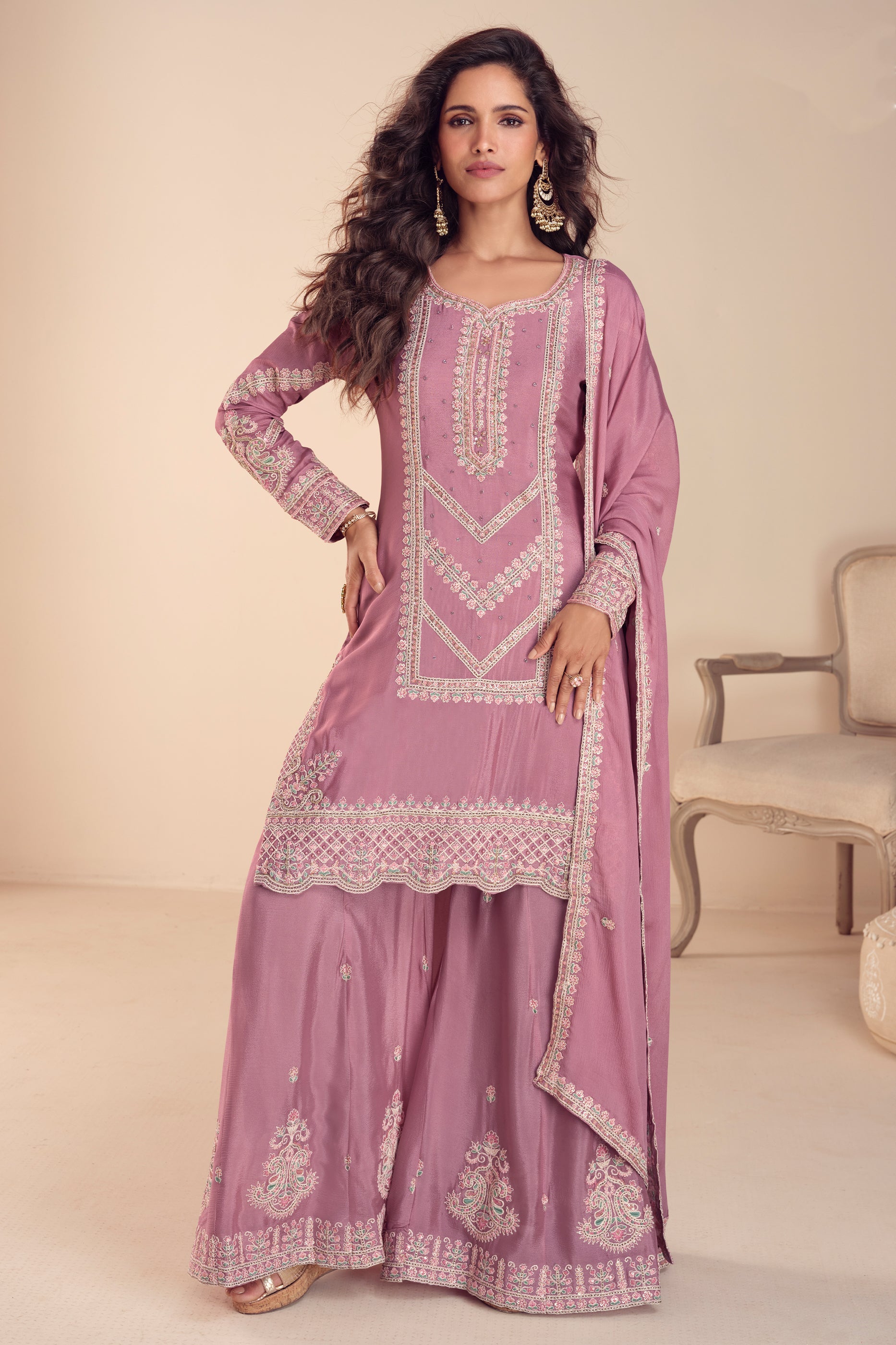 Pink Readymade Embroidered Chinon Suit-SAR12201_1_SareeButa.com