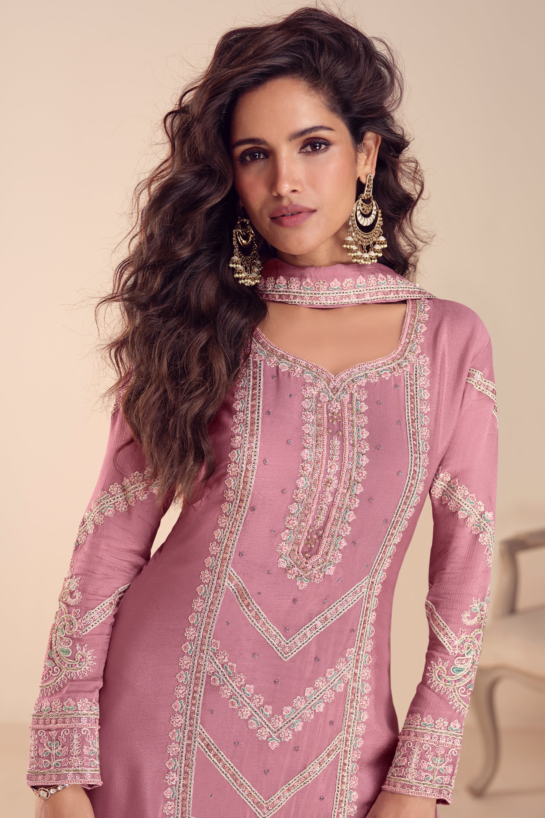Pink Readymade Embroidered Chinon Suit-SAR12201_2_SareeButa.com