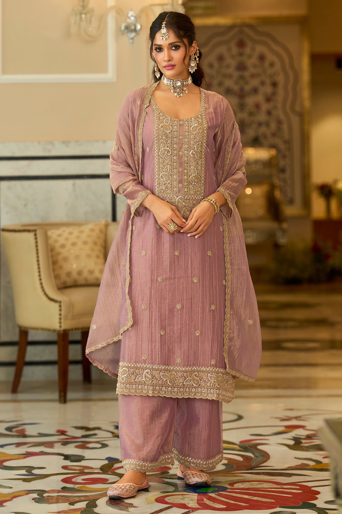 Pink Readymade Embroidered Crushed Tissue Suit-SAR13224_1_SareeButa.com