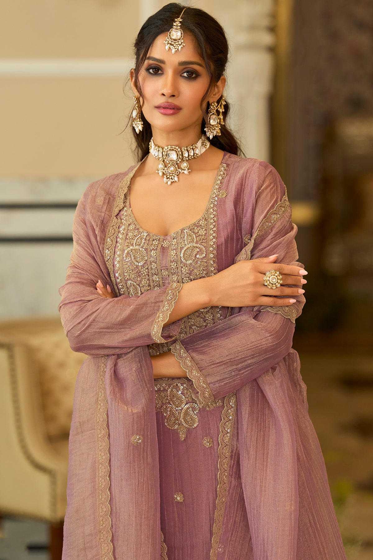 Pink Readymade Embroidered Crushed Tissue Suit-SAR13224_2_SareeButa.com