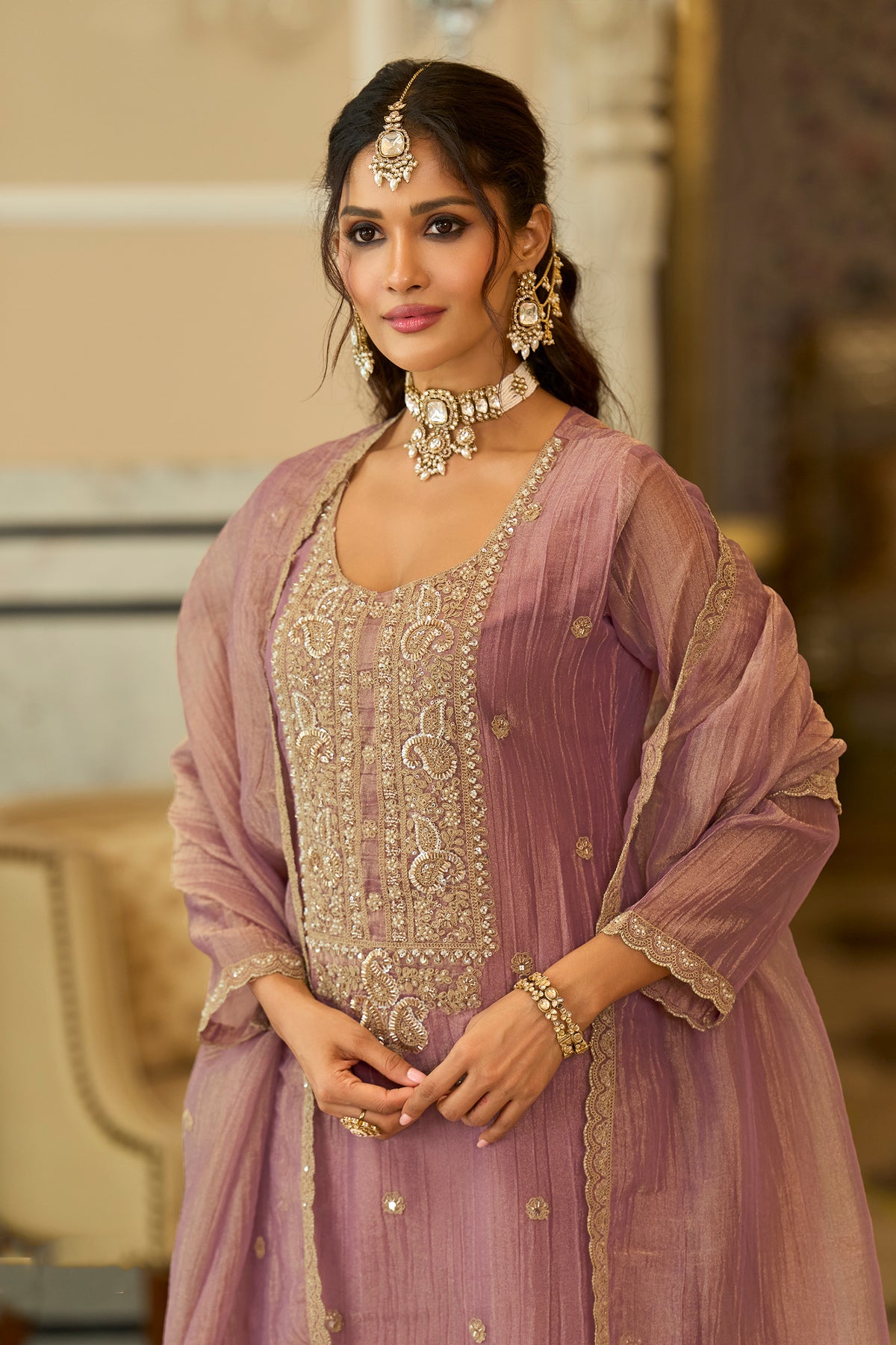 Pink Readymade Embroidered Crushed Tissue Suit-SAR13224_3_SareeButa.com