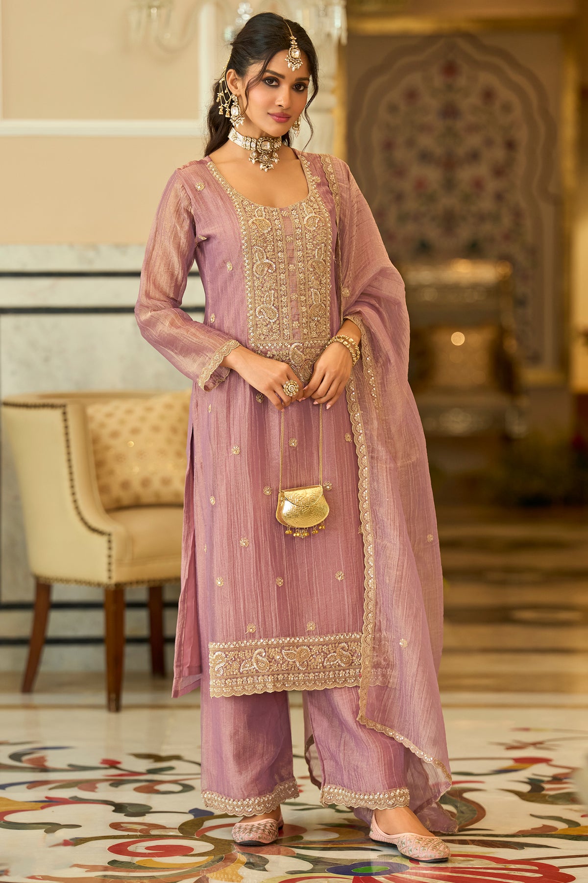 Pink Readymade Embroidered Crushed Tissue Suit-SAR13224_4_SareeButa.com