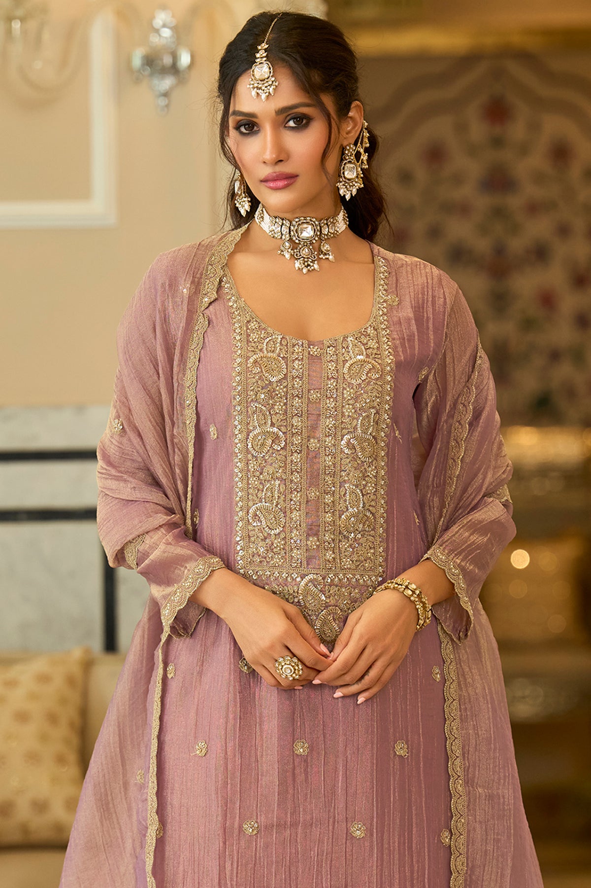 Pink Readymade Embroidered Crushed Tissue Suit-SAR13224_5_SareeButa.com