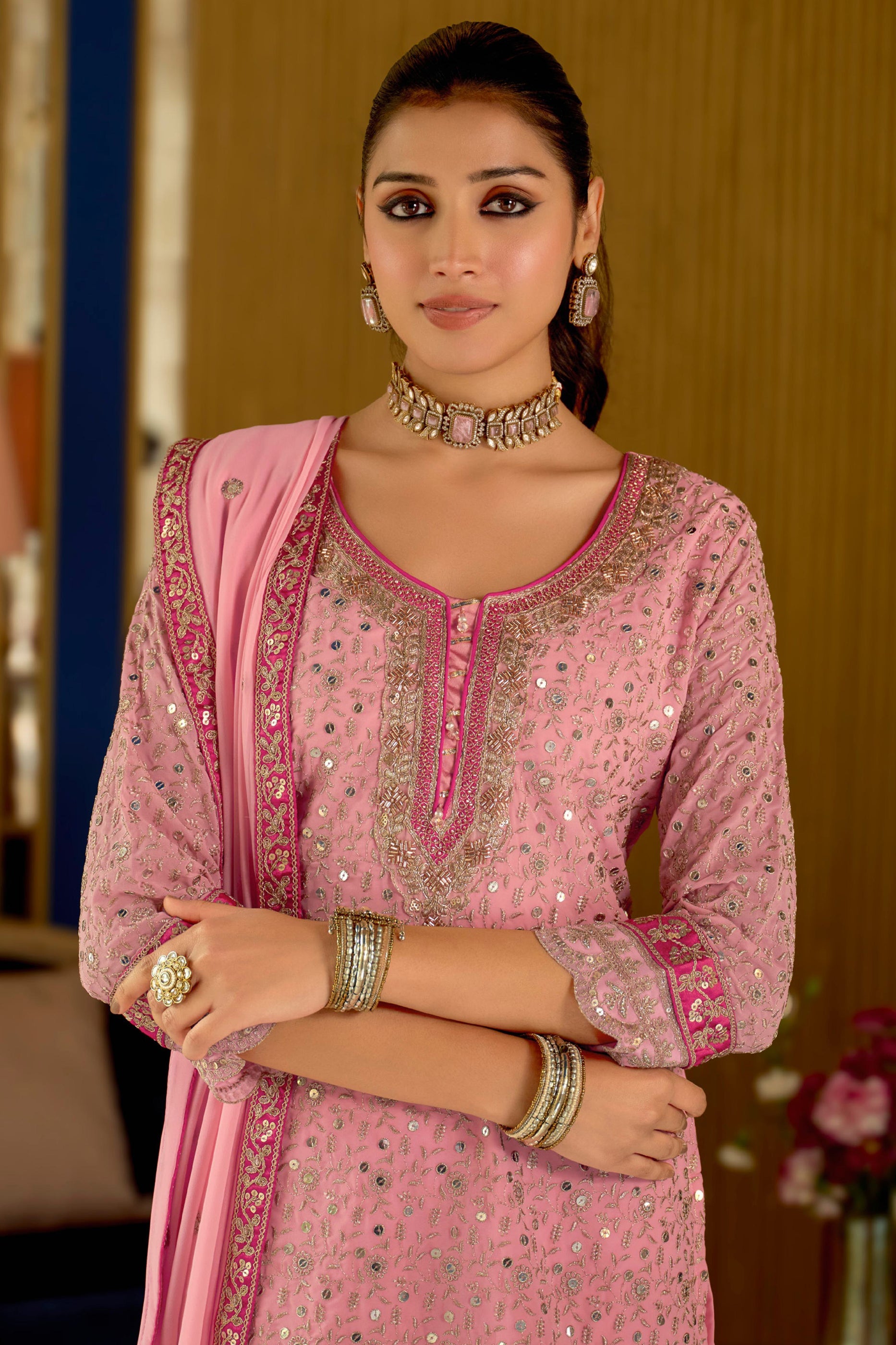 Pink Readymade Embroidered Geogette Sharara Suit-SAR12057_2_SareeButa.com