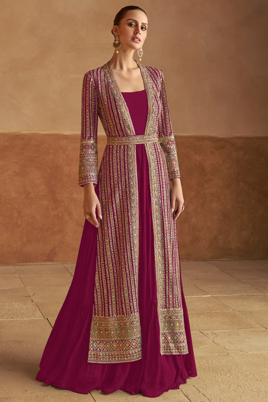 Pink Readymade Embroidered Georgette Gown with Jacket-SS518_1_SareeButa.com