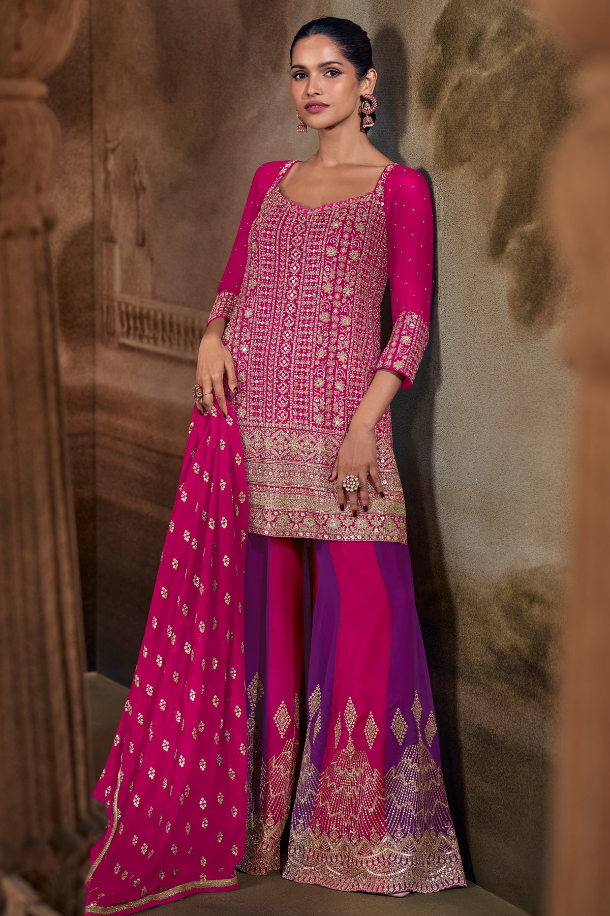 Pink Readymade Embroidered Georgette Palazzo Suit-SAR13372_1_SareeButa.com