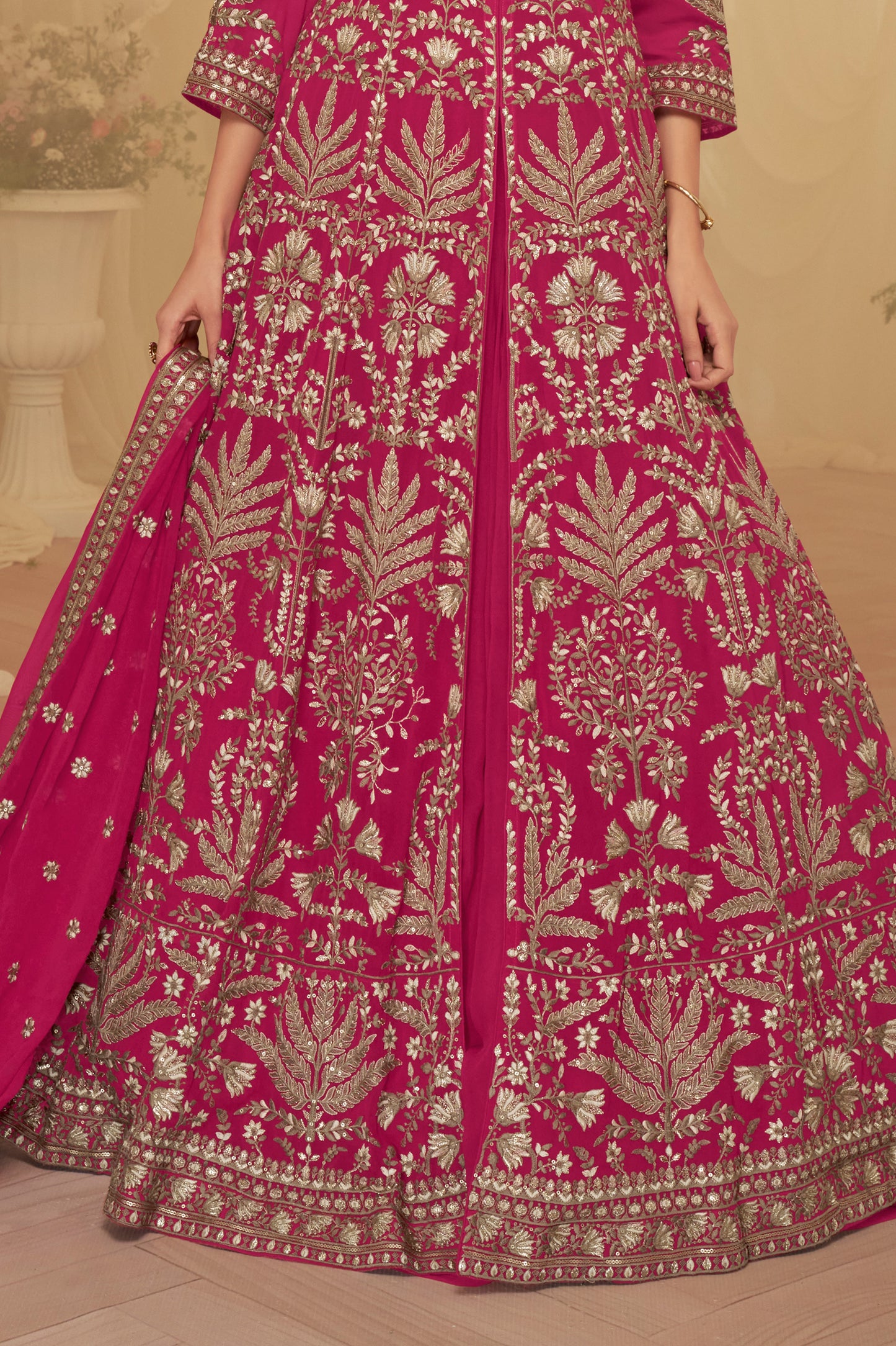Pink Readymade Embroidered Georgette Skirt Suit