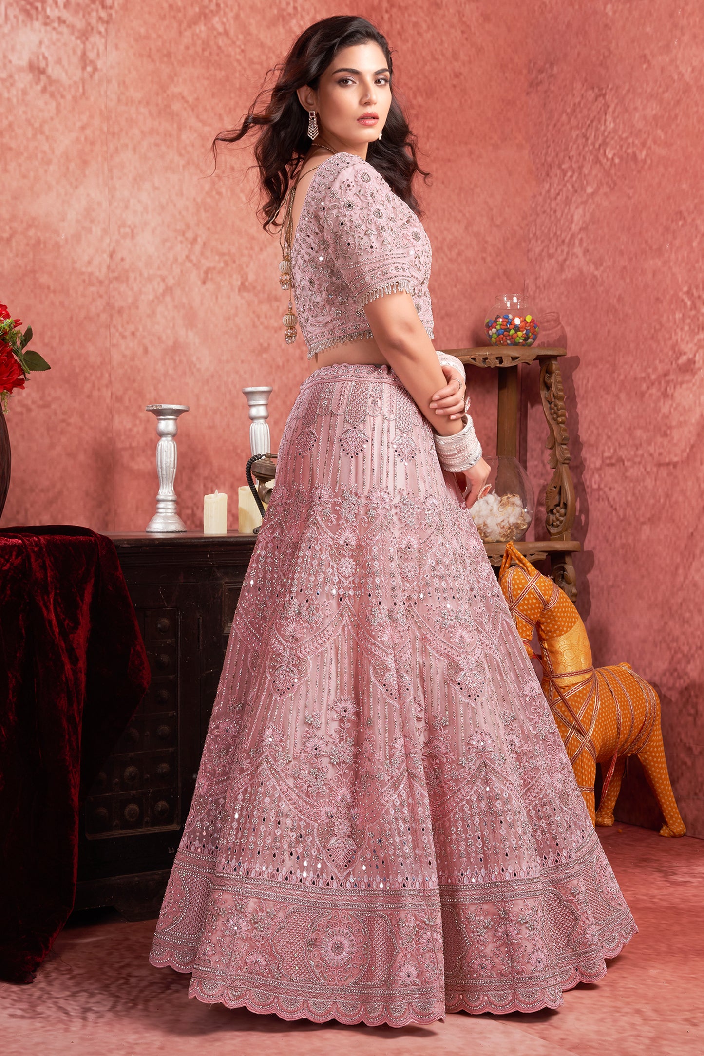 Pink Readymade Embroidered Net Lehenga