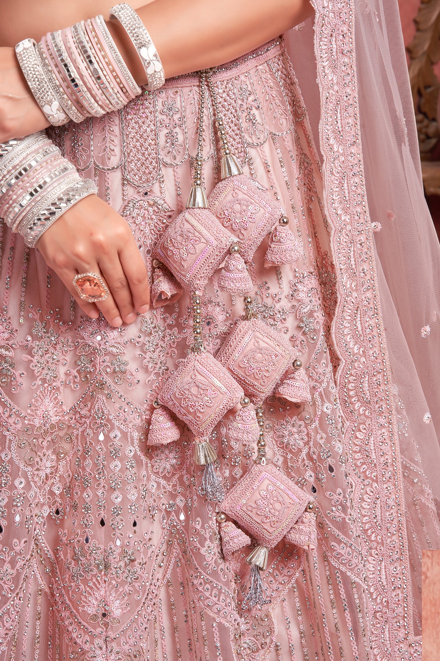 Pink Readymade Embroidered Net Lehenga