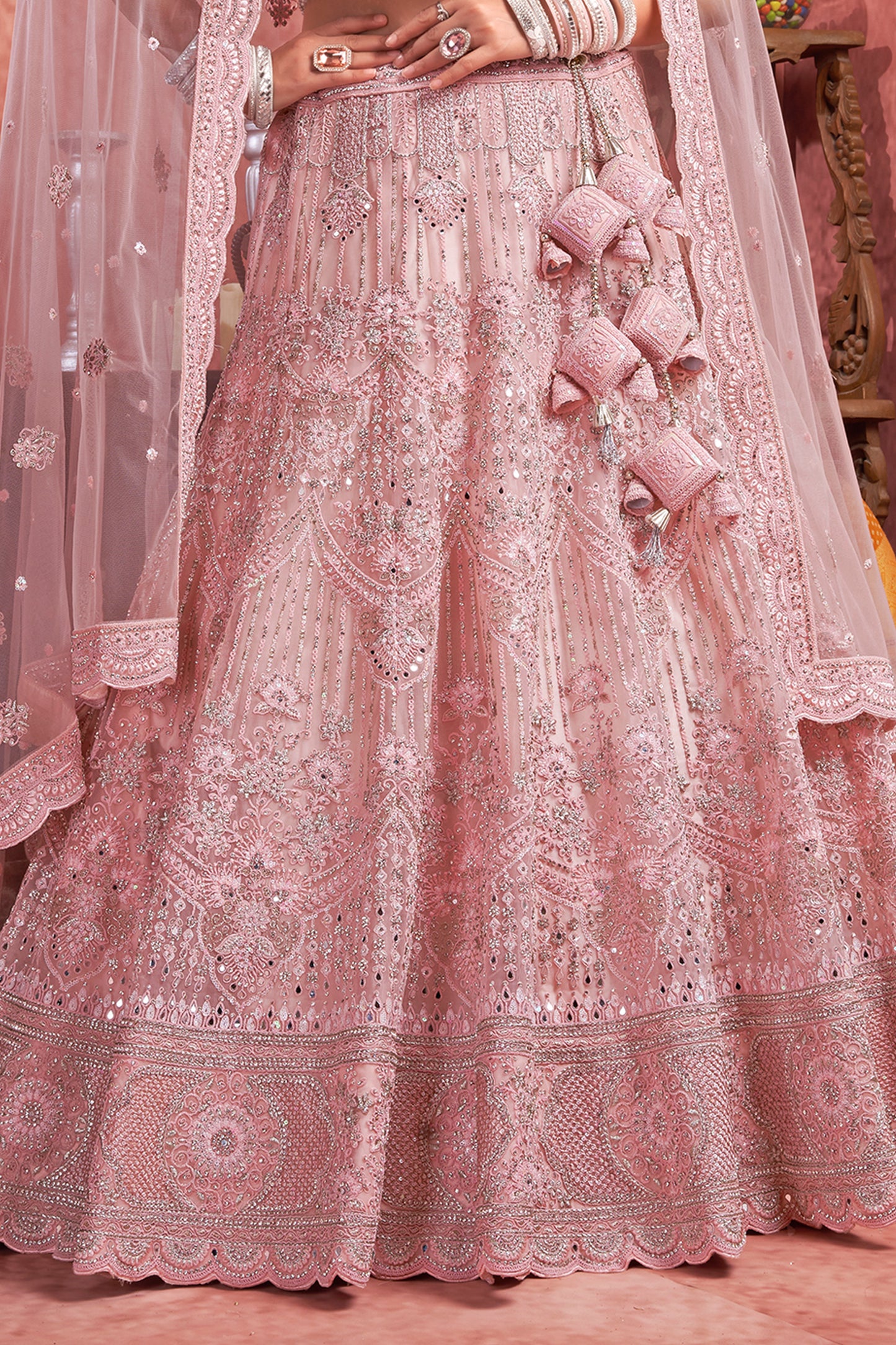Pink Readymade Embroidered Net Lehenga