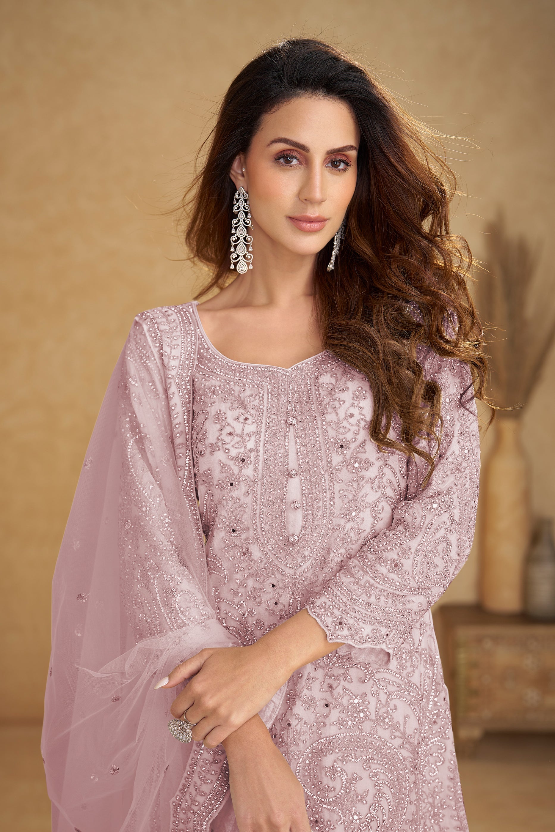 Pink Readymade Embroidered Net Suit-SAR11492_2_SareeButa.com